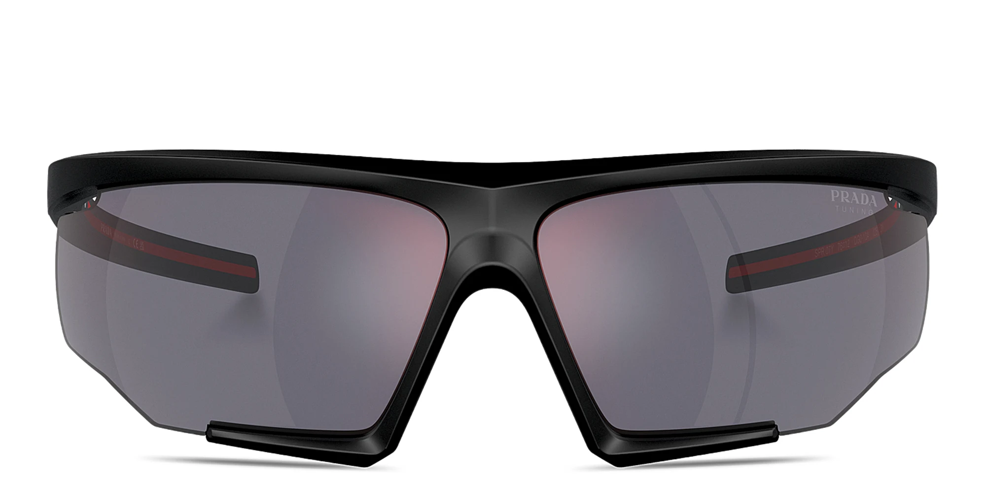 Shop Prada Linea Rossa Logo Half-Rim Wide Irregular Sunglasses in Black online.