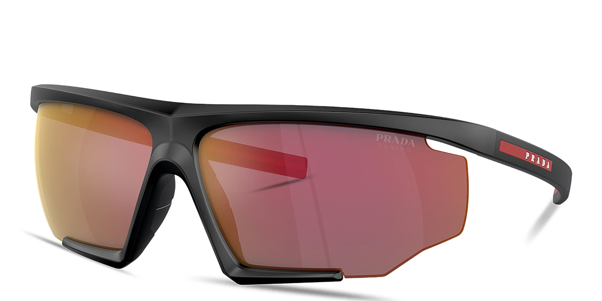 Shop Prada Linea Rossa Logo Half-Rim Wide Irregular Sunglasses in Black online.