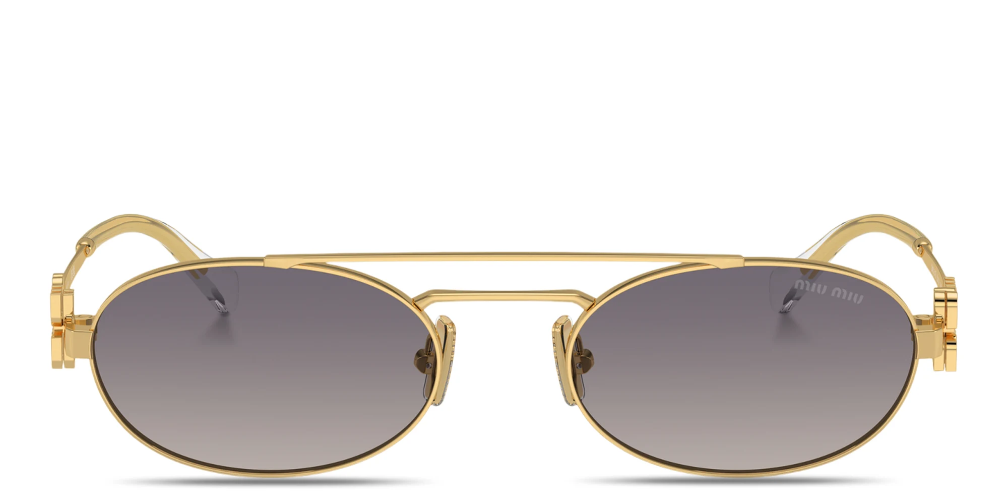Shop MIU MIU Vertical Logo Oval Sunglasses in Gold online.