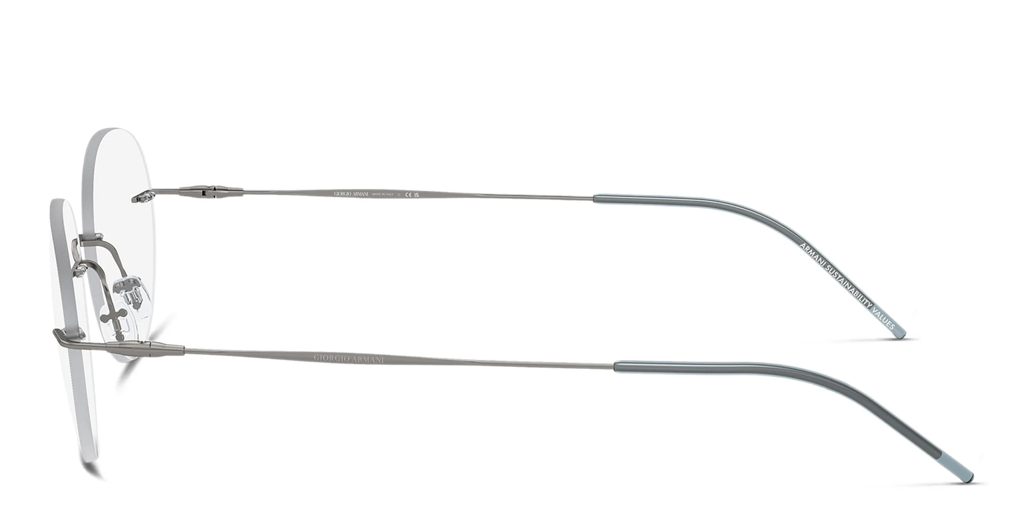 Shop GIORGIO ARMANI Logo Rimless Panthos Eyeglasses in Matte Gunmetal online.