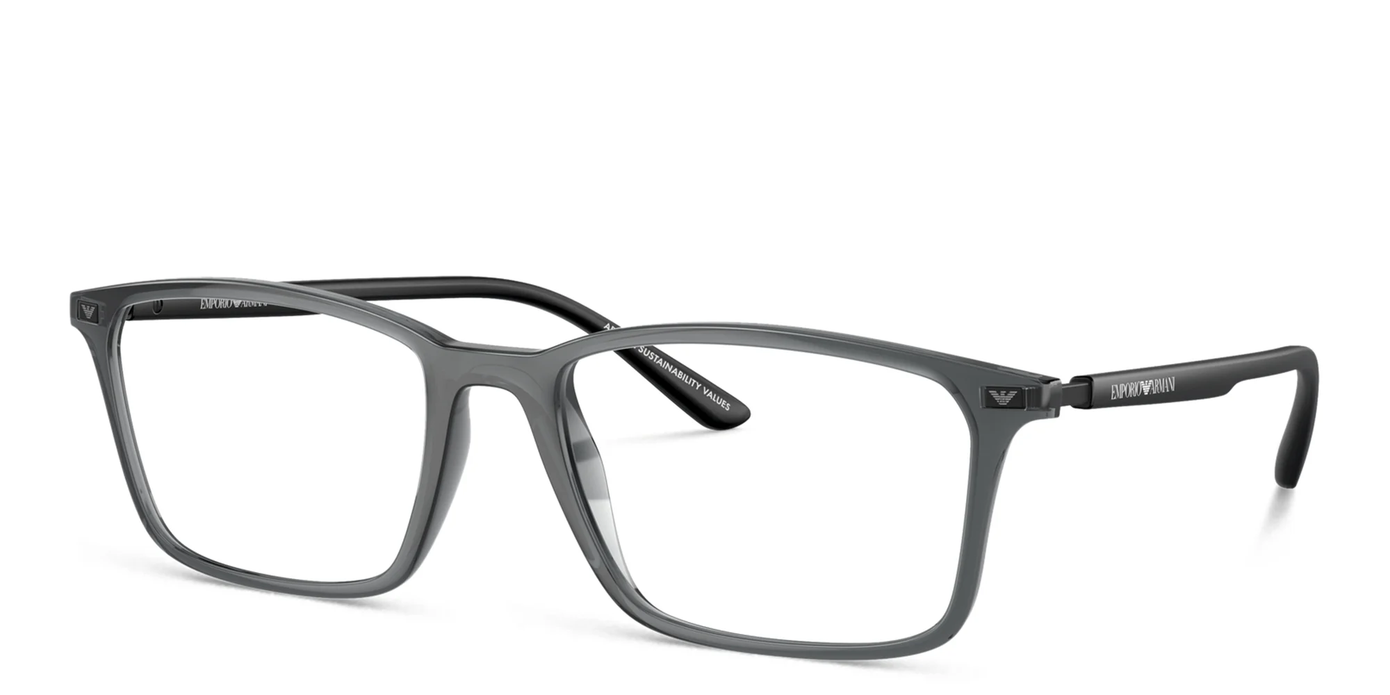 Shop Emporio Armani Logo Wide Rectangle Eyeglasses in Shiny Transparent Black online.