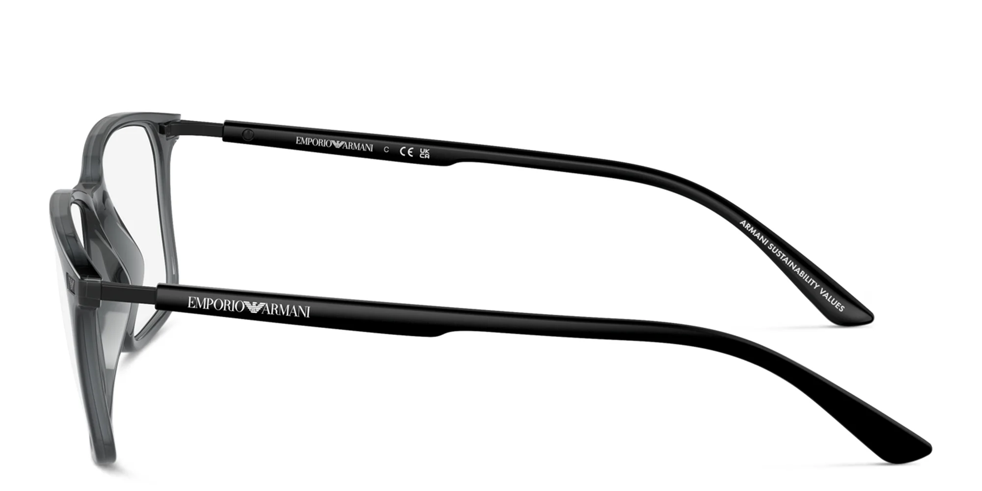 Shop Emporio Armani Logo Wide Rectangle Eyeglasses in Shiny Transparent Black online.