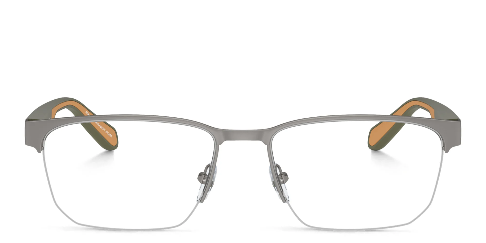 Shop Emporio Armani Logo Wide Half-Rim Irregular Eyeglasses in Matte Gunmetal online.