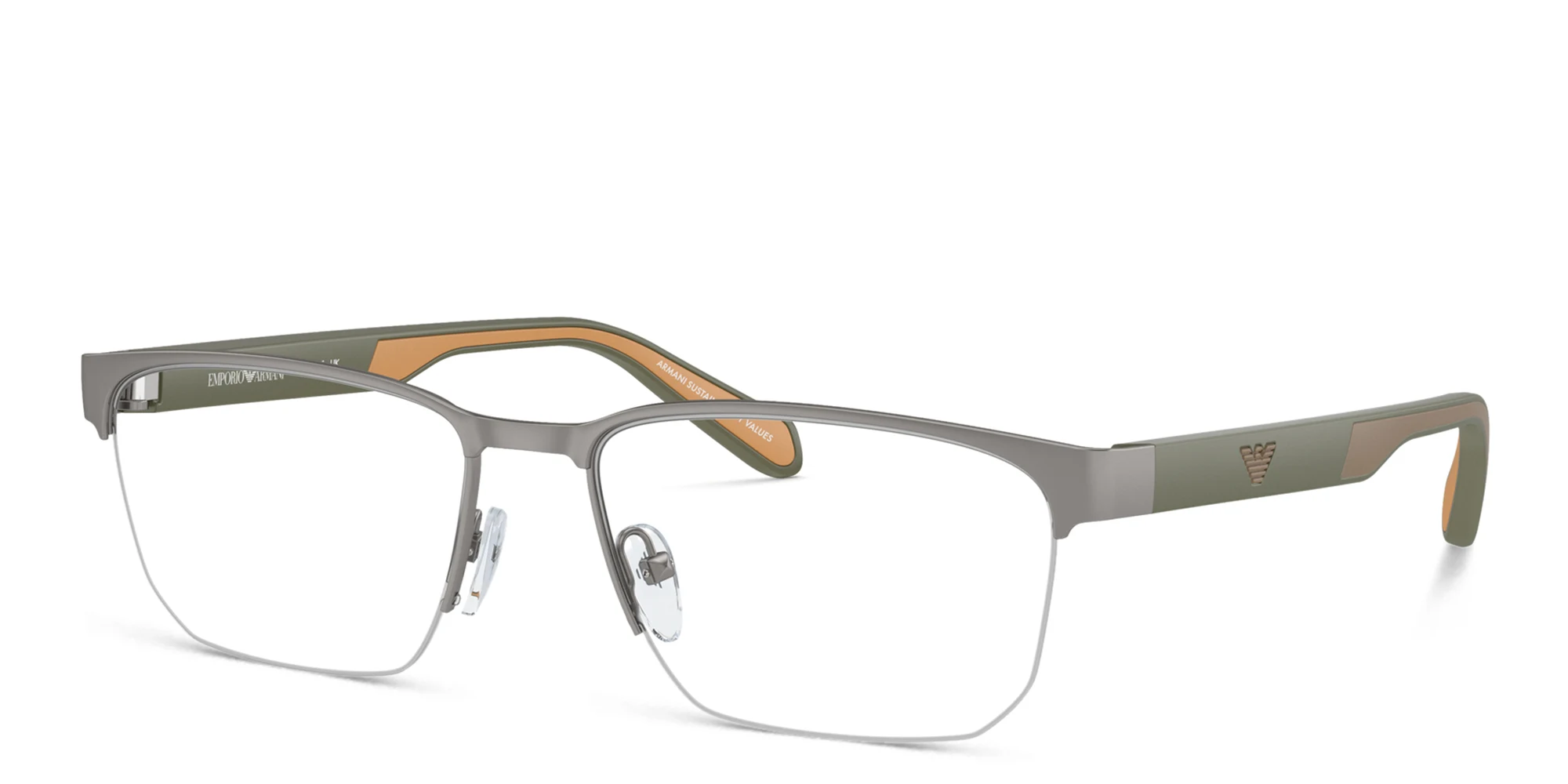 Shop Emporio Armani Logo Wide Half-Rim Irregular Eyeglasses in Matte Gunmetal online.