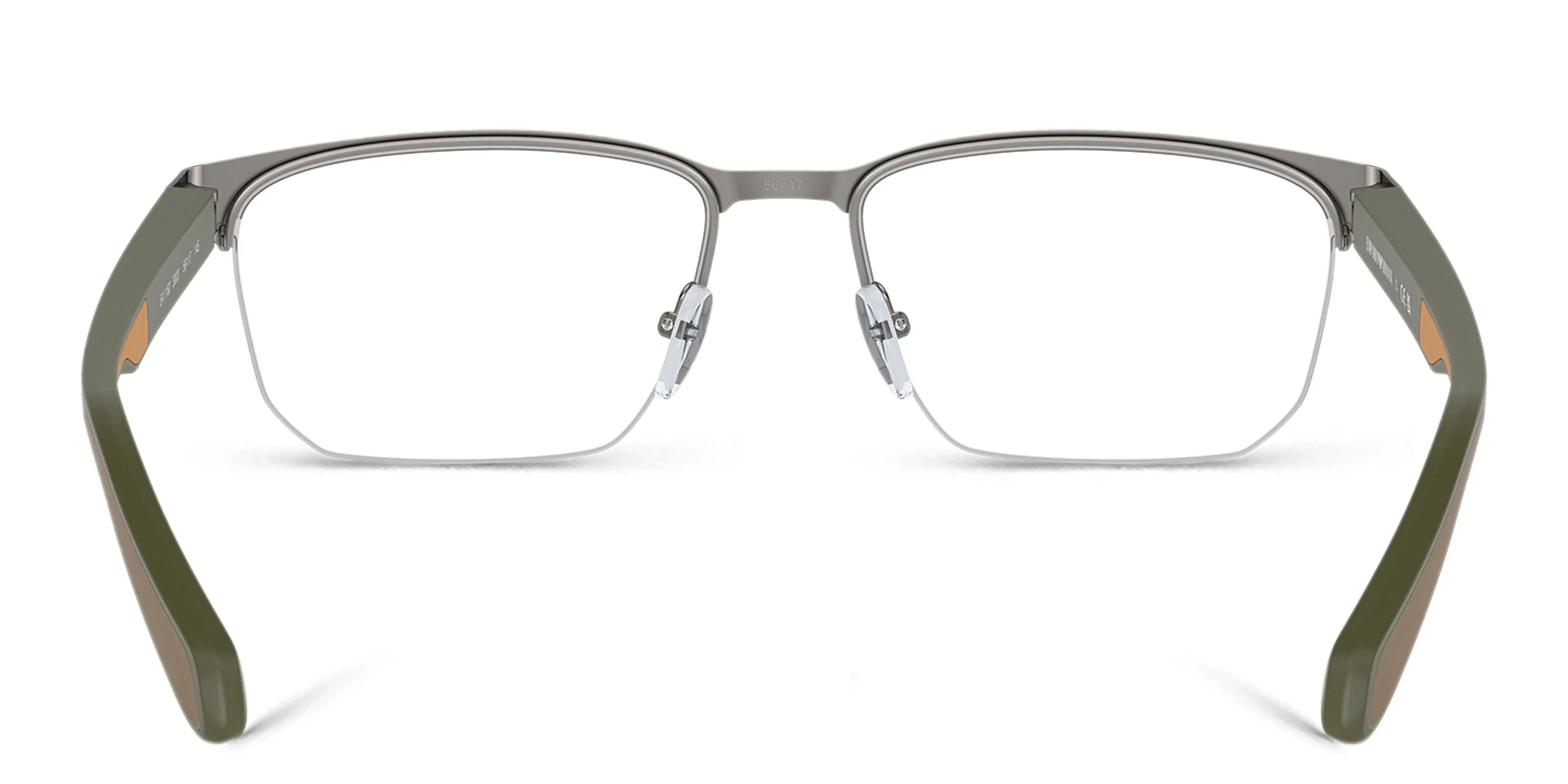 Shop Emporio Armani Logo Wide Half-Rim Irregular Eyeglasses in Matte Gunmetal online.