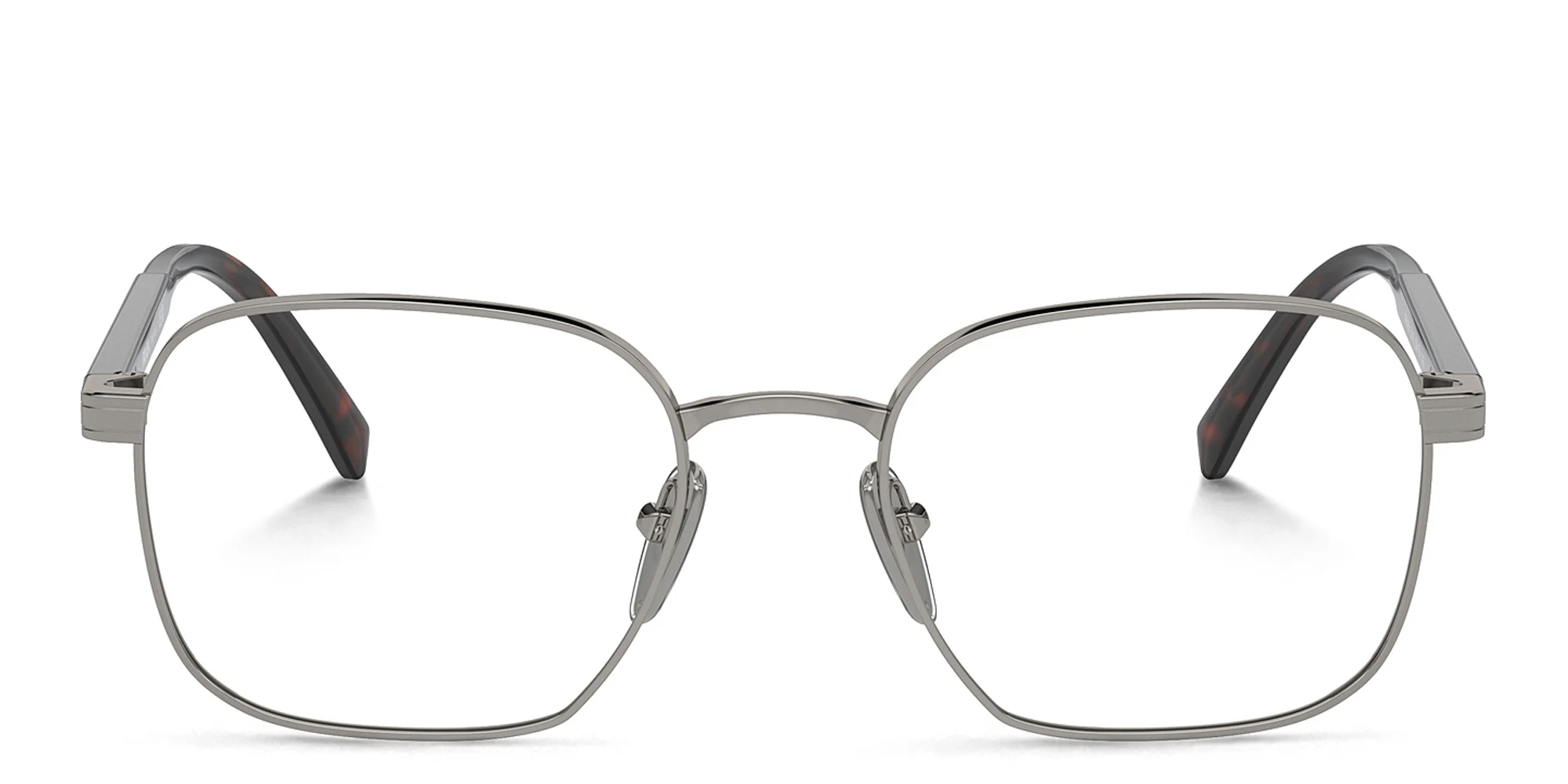 Shop PRADA Logo Rectangle Eyeglasses in Gunmetal online.