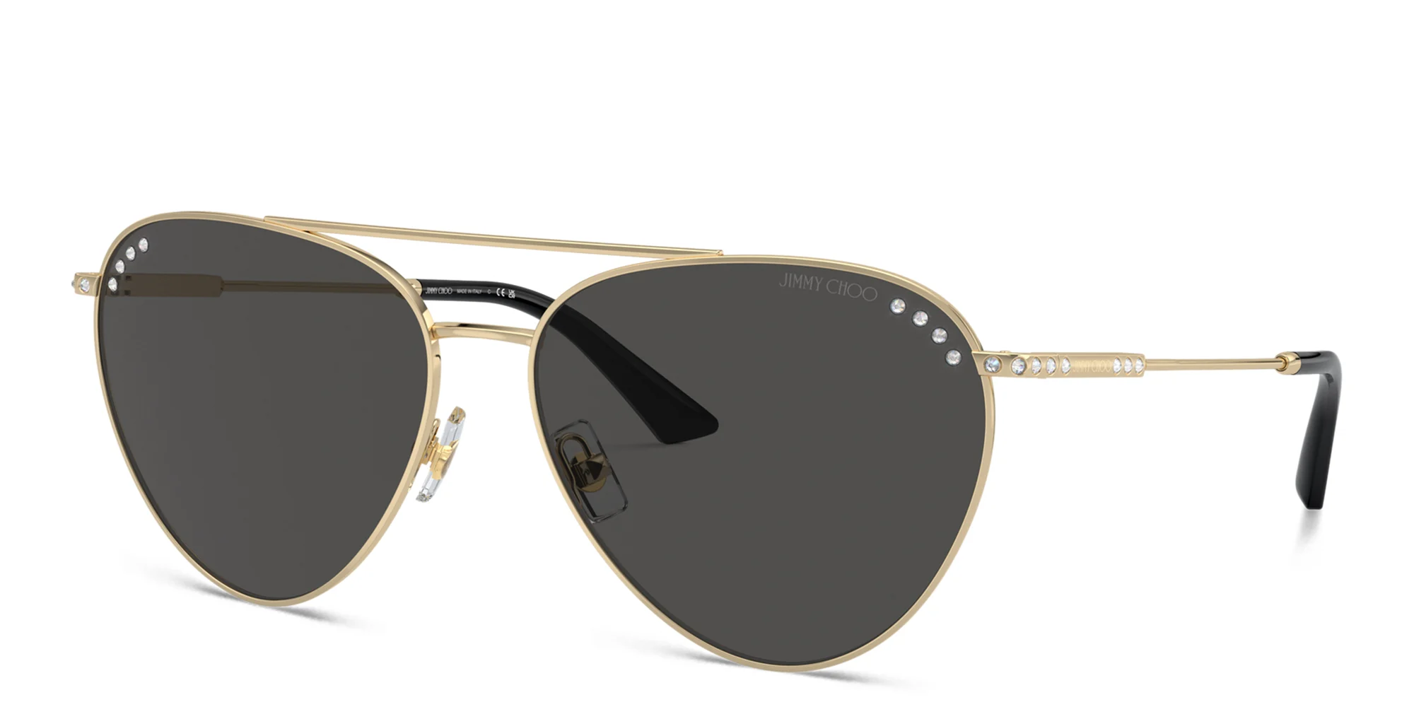 Shop JIMMY CHOO Rhinestone-Embellished Aviator Sunglasses in Gold online.
