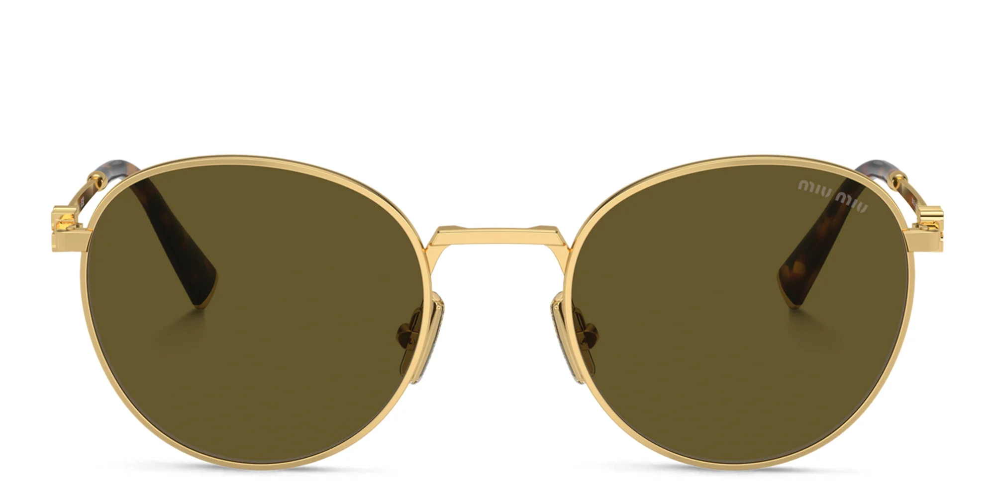Shop MIU MIU Vertical Logo Round Sunglasses in Gold online.