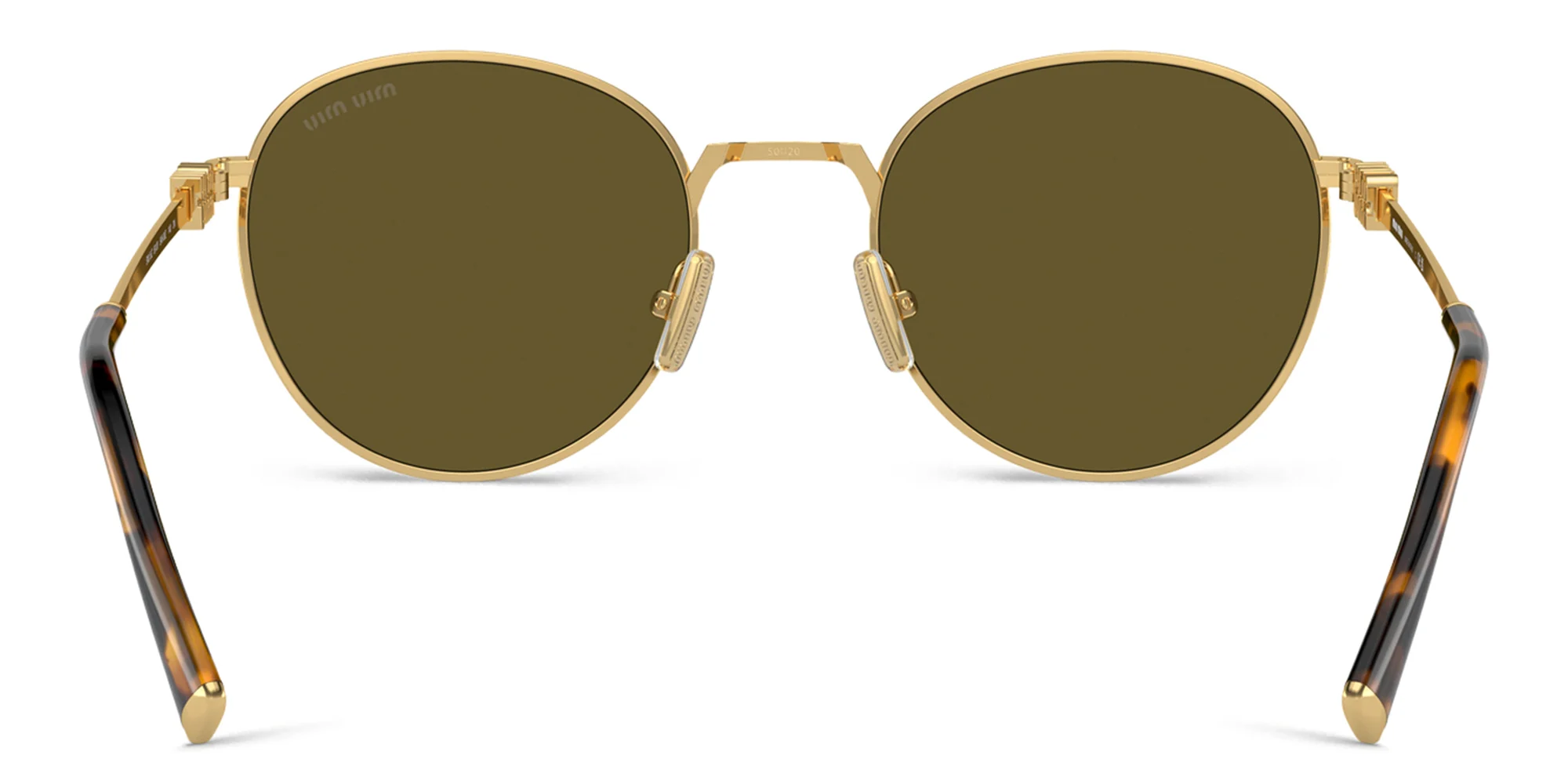 Shop MIU MIU Vertical Logo Round Sunglasses in Gold online.