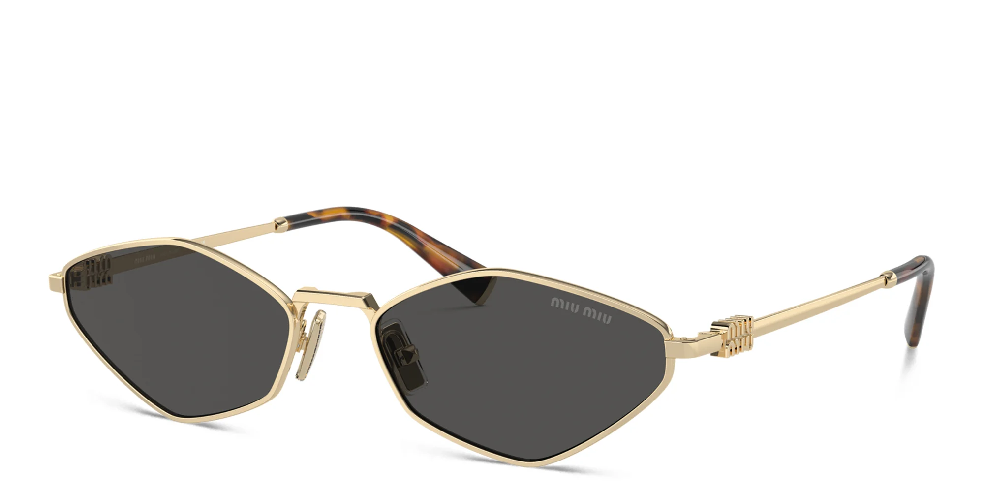 Shop MIU MIU Vertical Logo Irregular Sunglasses in Gold online.