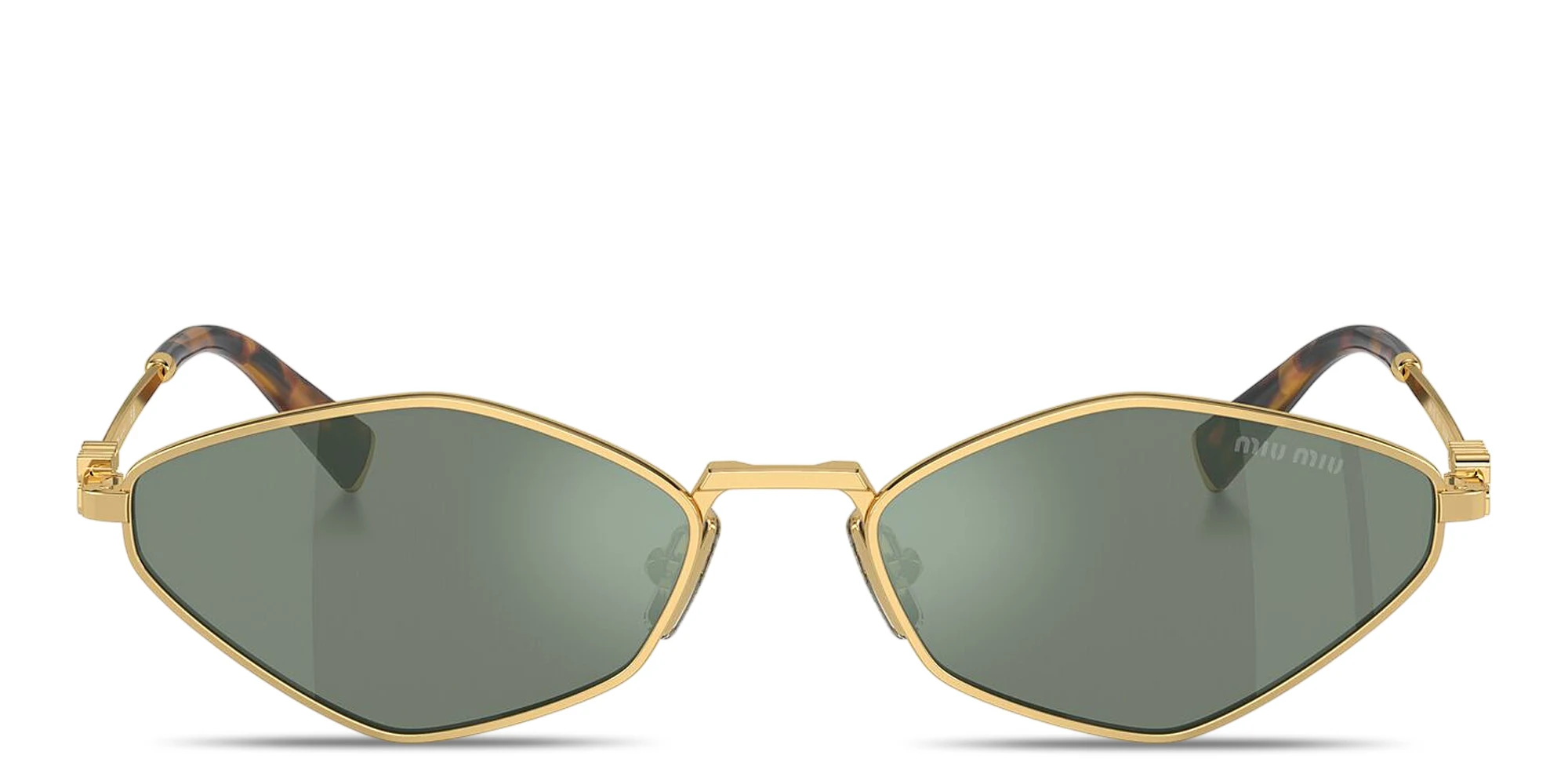 Shop MIU MIU Vertical Logo Irregular Sunglasses in Gold online.