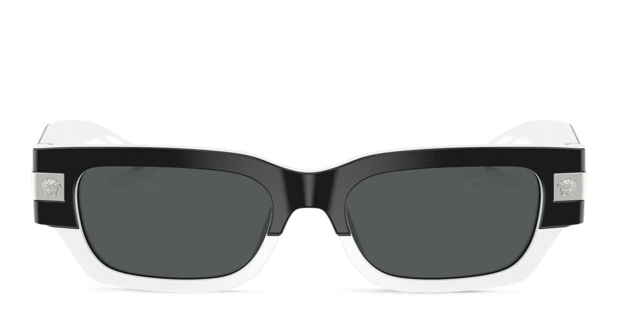 Shop VERSACE Medusa Rectangle Sunglasses in Double Layer Black & White online.