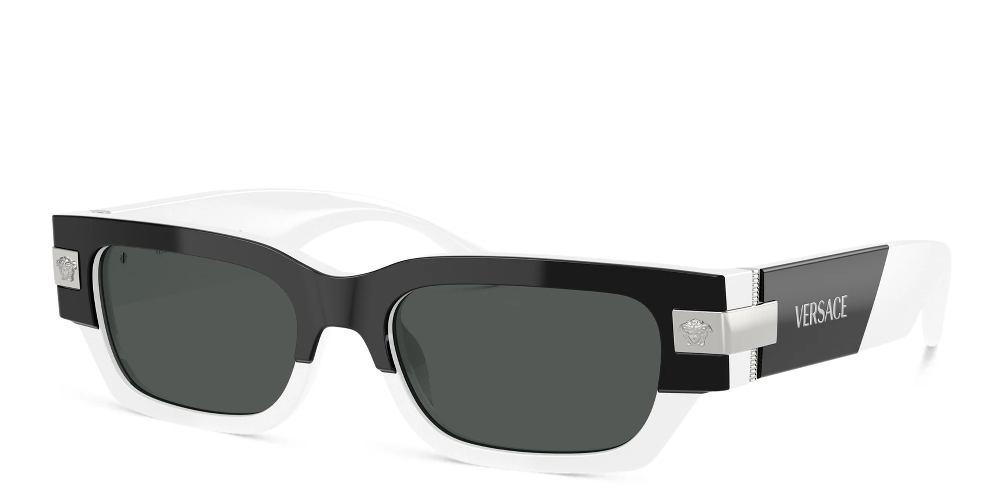 Shop VERSACE Medusa Rectangle Sunglasses in Double Layer Black & White online.