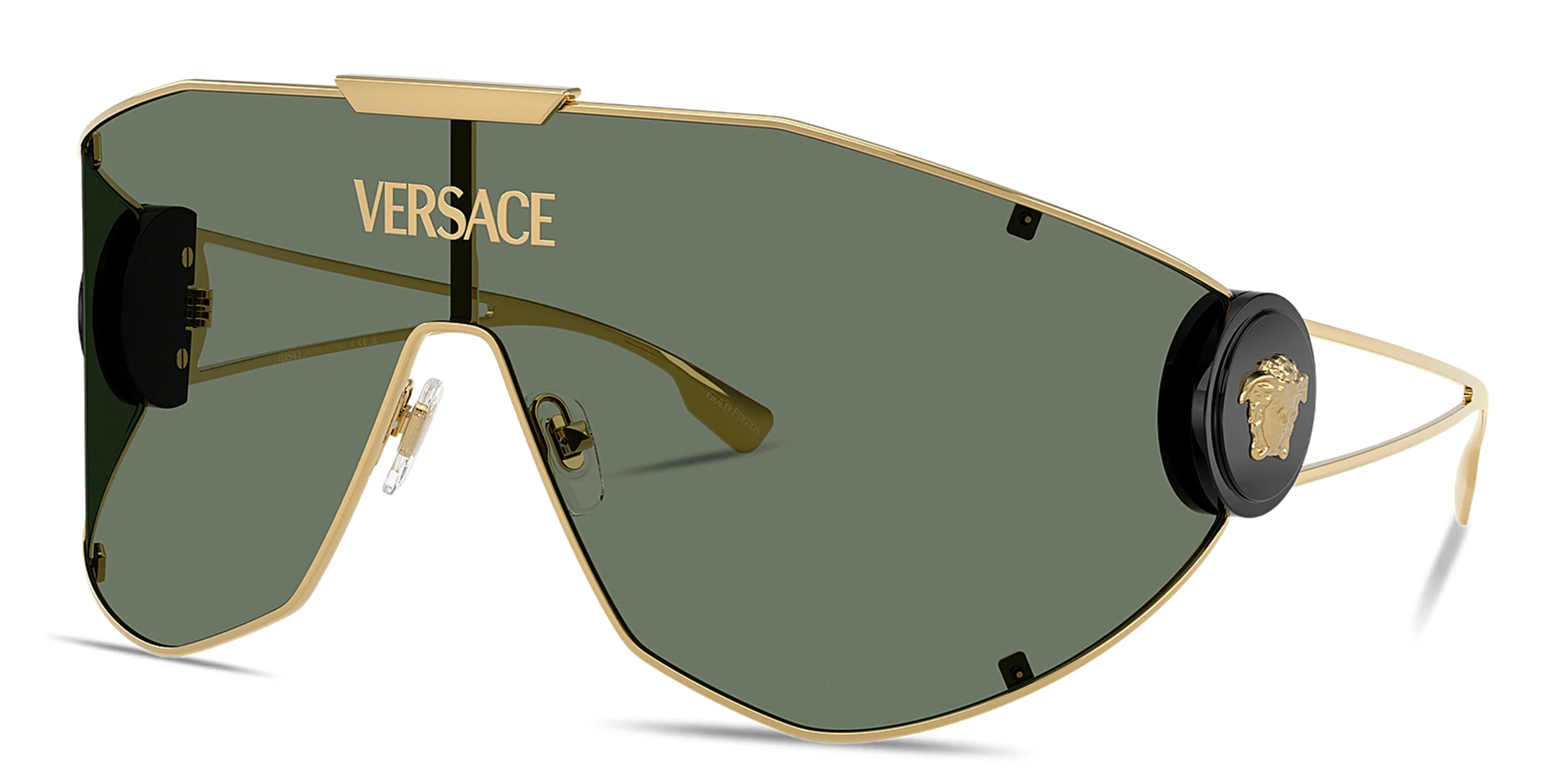 Shop VERSACE Medusa Wide Irregular Sunglasses in Gold online.