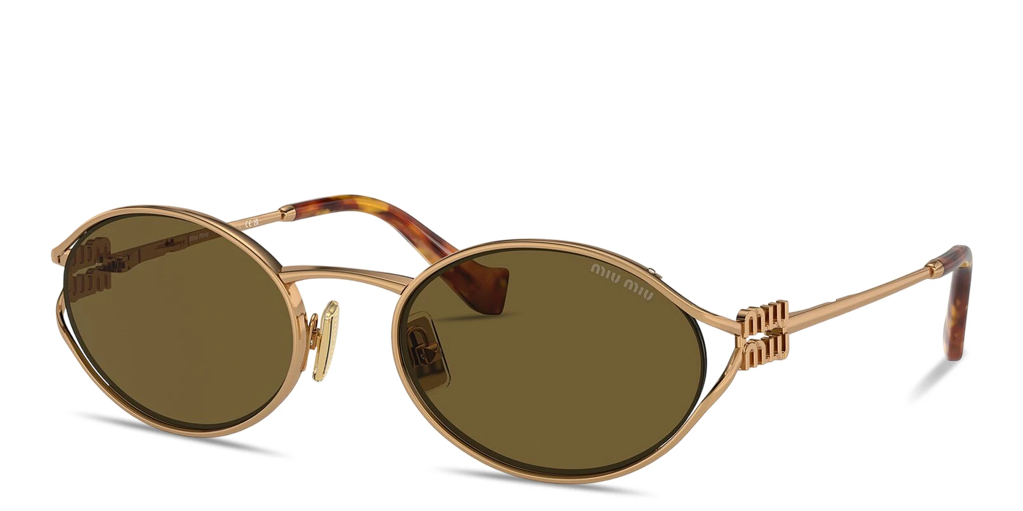Shop MIU MIU Vertical Logo Oval Sunglasses in Gold online.