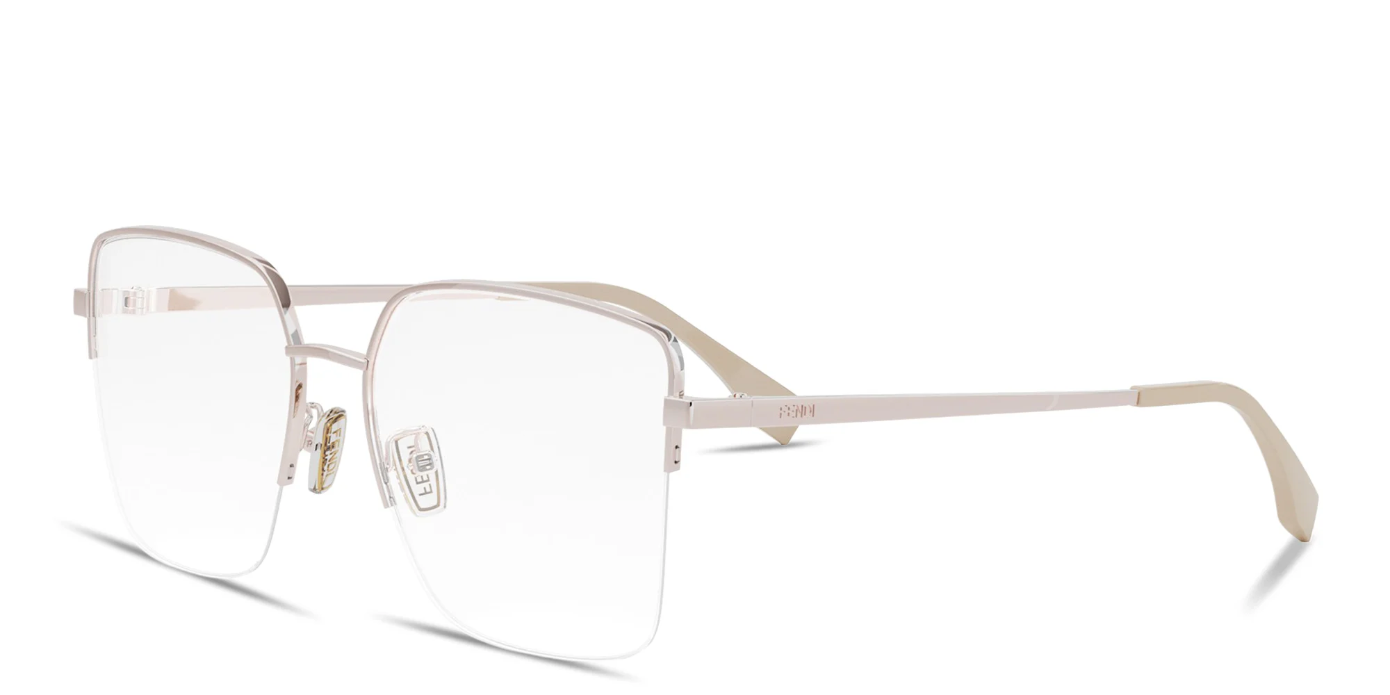 Shop FENDI Logo Signature Half-Rim Wide Irregular Eyeglasses in Rose Gold online.