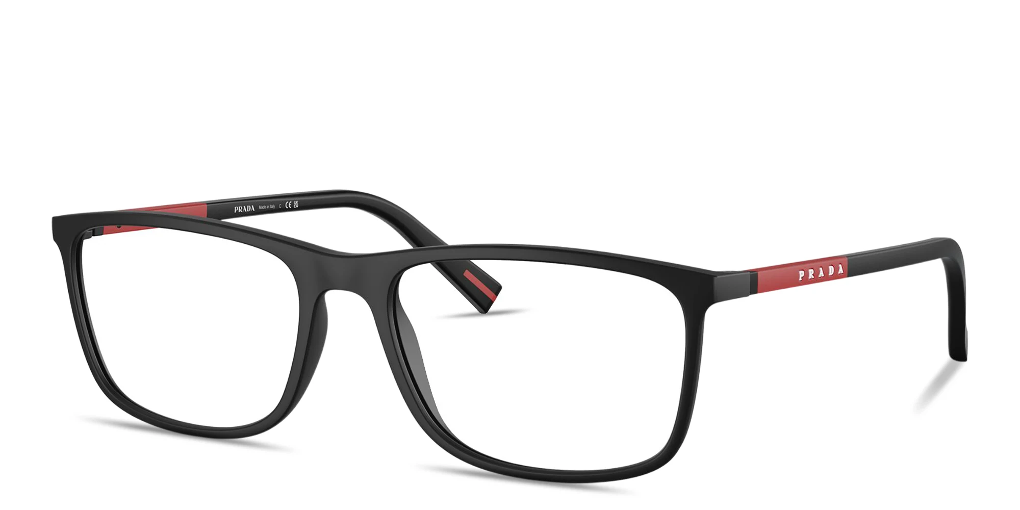 Shop PRADA Logo Lettering Wide Rectangle Eyeglasses in Rubber Black online.