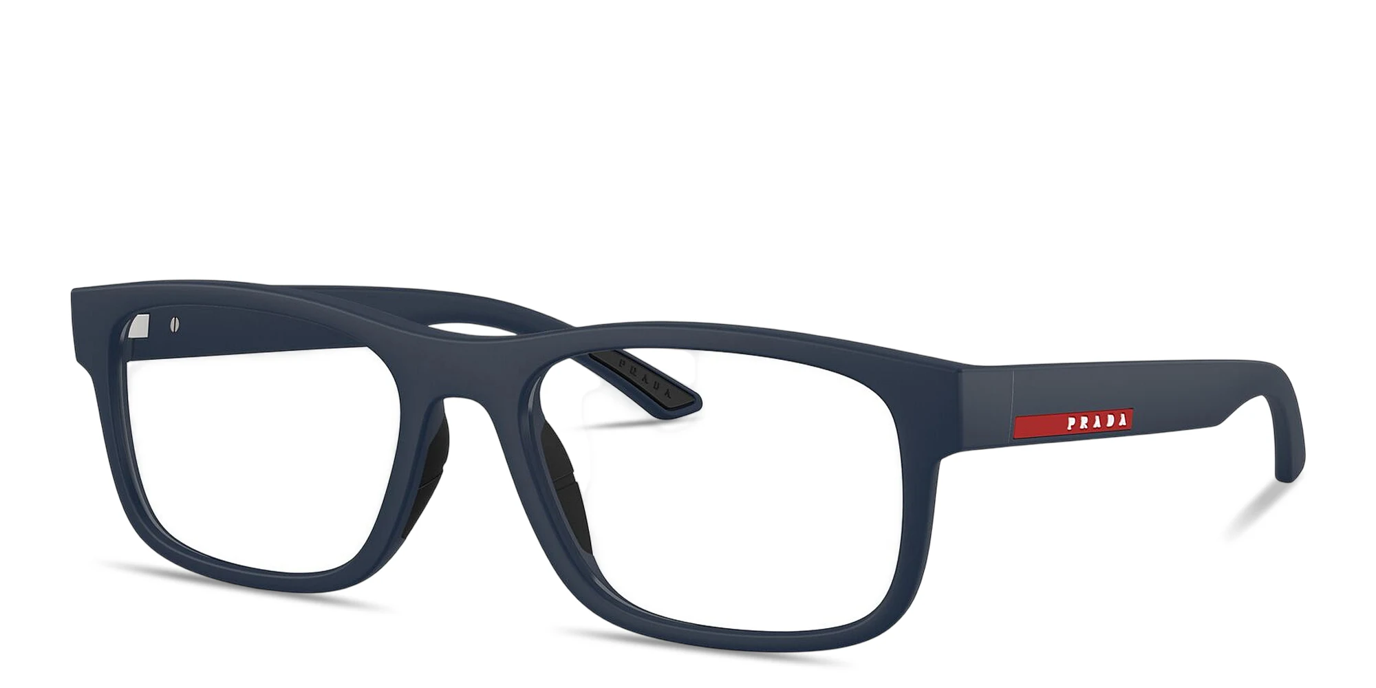 Shop Prada Linea Rossa Logo Lettering Rectangle Eyeglasses in Matte Blue online.