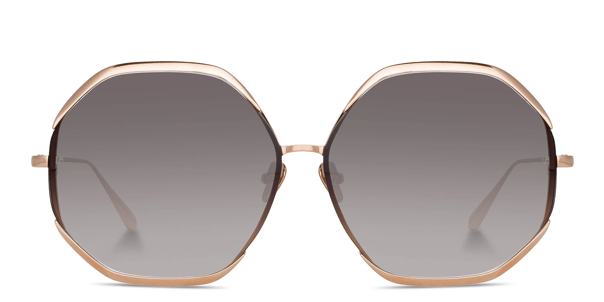 Shop LINDA FARROW Camila Oversized Irregular Sunglasses in Rose Gold online.
