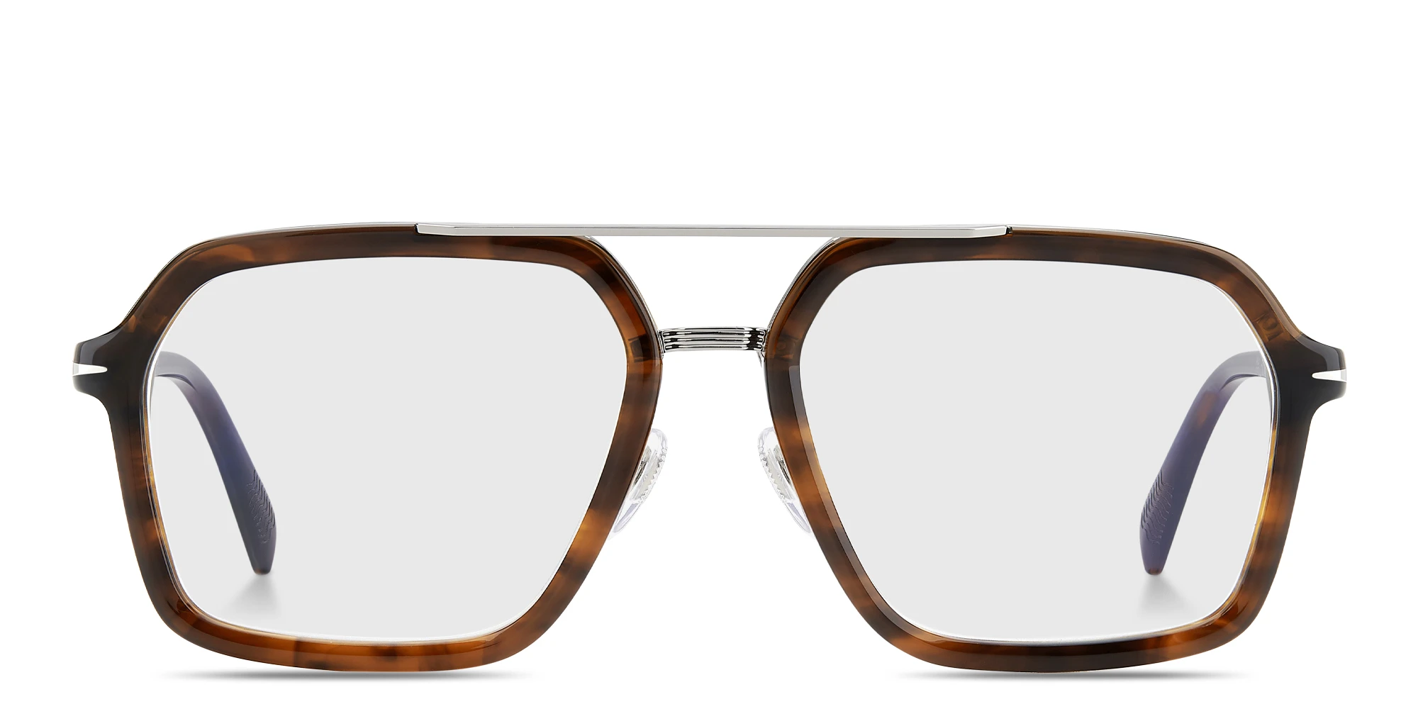 Shop DAVID BECKHAM Talisman Wide Rectangle Eyeglasses in Brown Horn online.