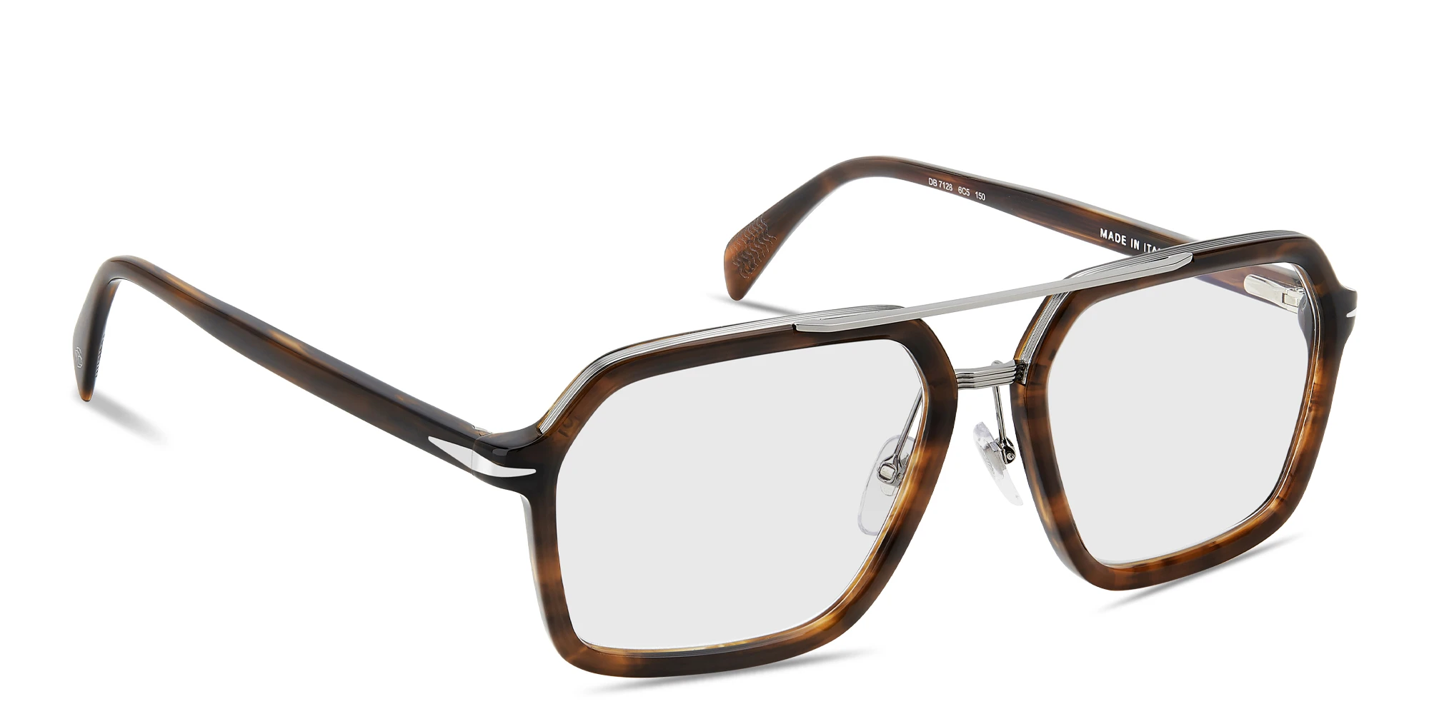 Shop DAVID BECKHAM Talisman Wide Rectangle Eyeglasses in Brown Horn online.