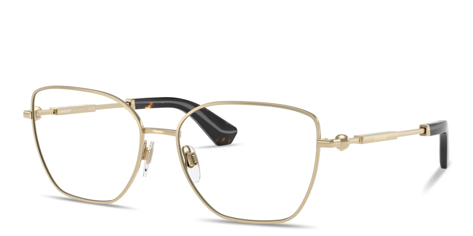 Shop BURBERRY Logo-Engraved Cat-Eye Eyeglasses in Light Gold online.