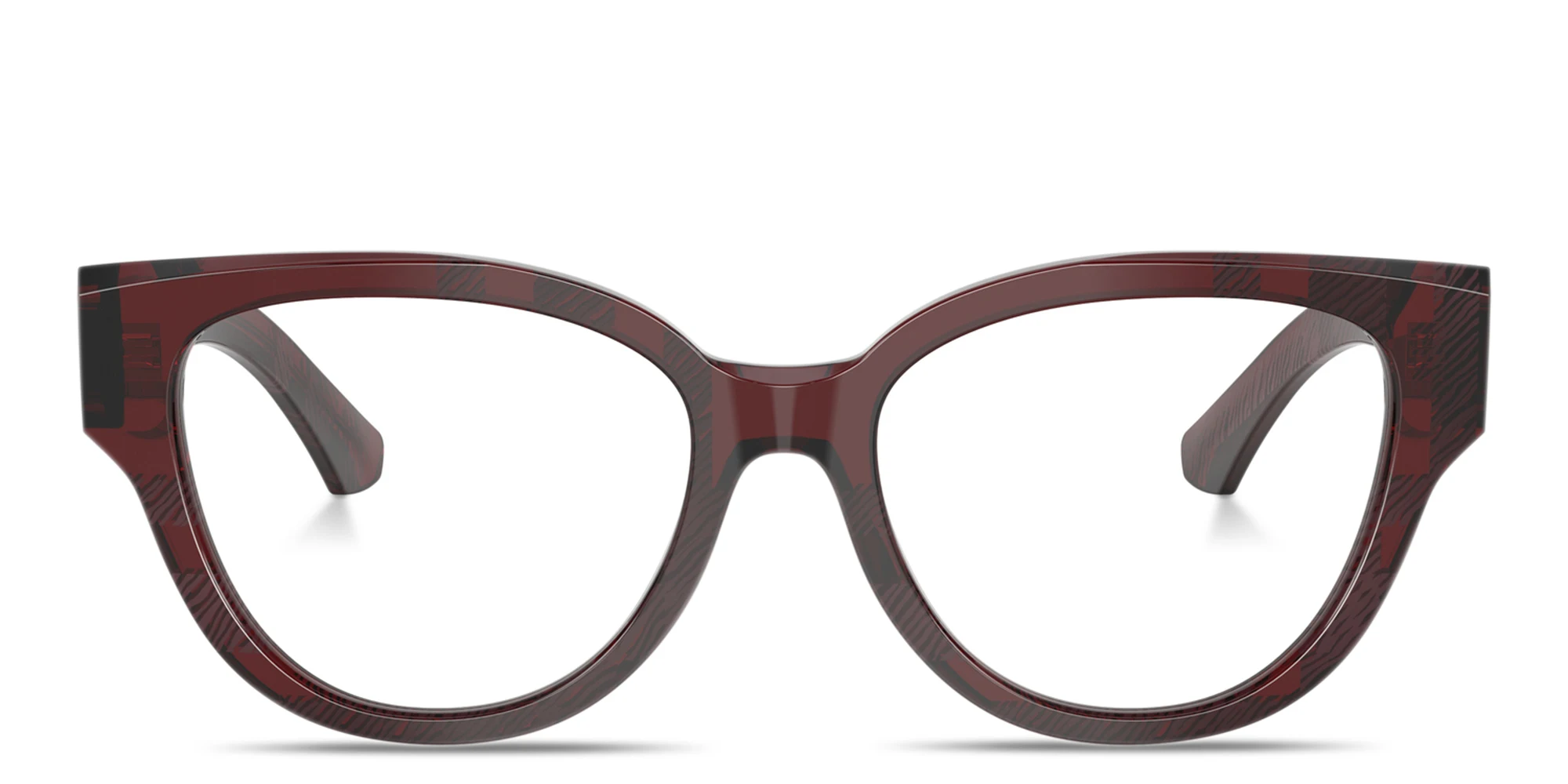 Shop BURBERRY Shield Facet Panthos Eyeglasses in Check Red online.