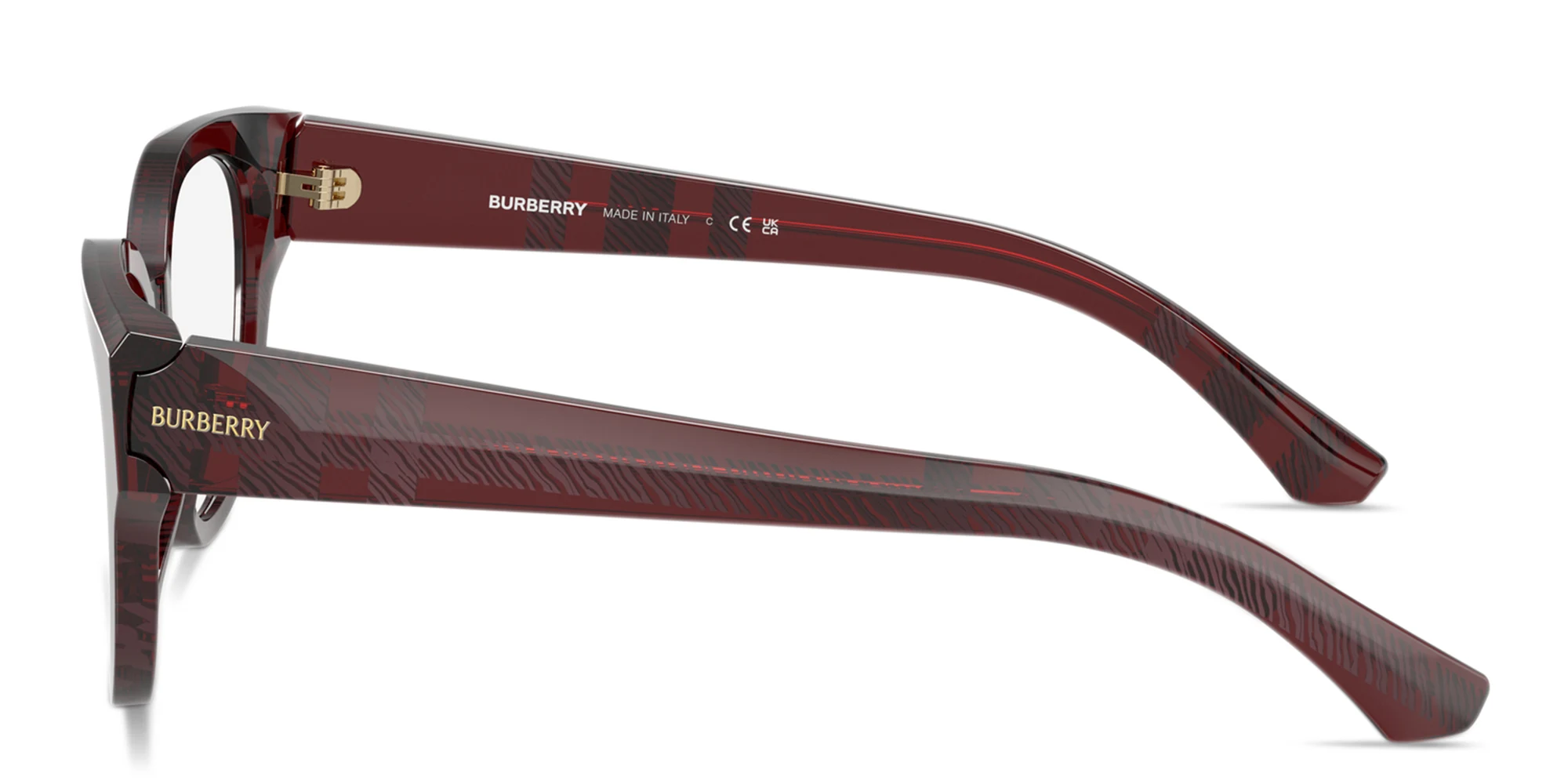 Shop BURBERRY Shield Facet Panthos Eyeglasses in Check Red online.