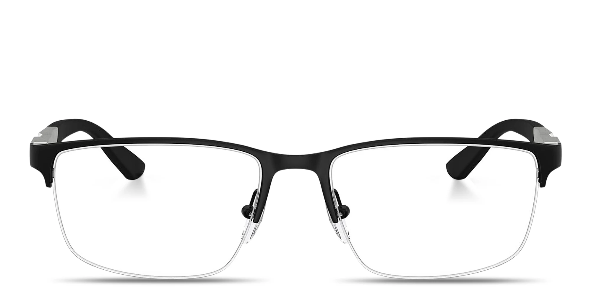 Shop Emporio Armani Eagle Logo Half-Rim Wide Rectangle Eyeglasses in Black online.