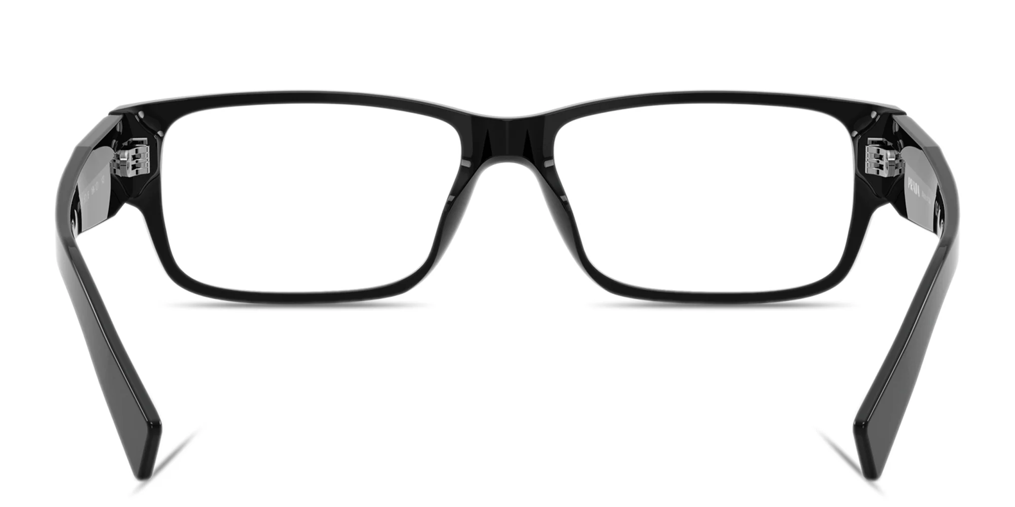 Shop PRADA Logo Lettering Wide Rectangle Eyeglasses in Black online.