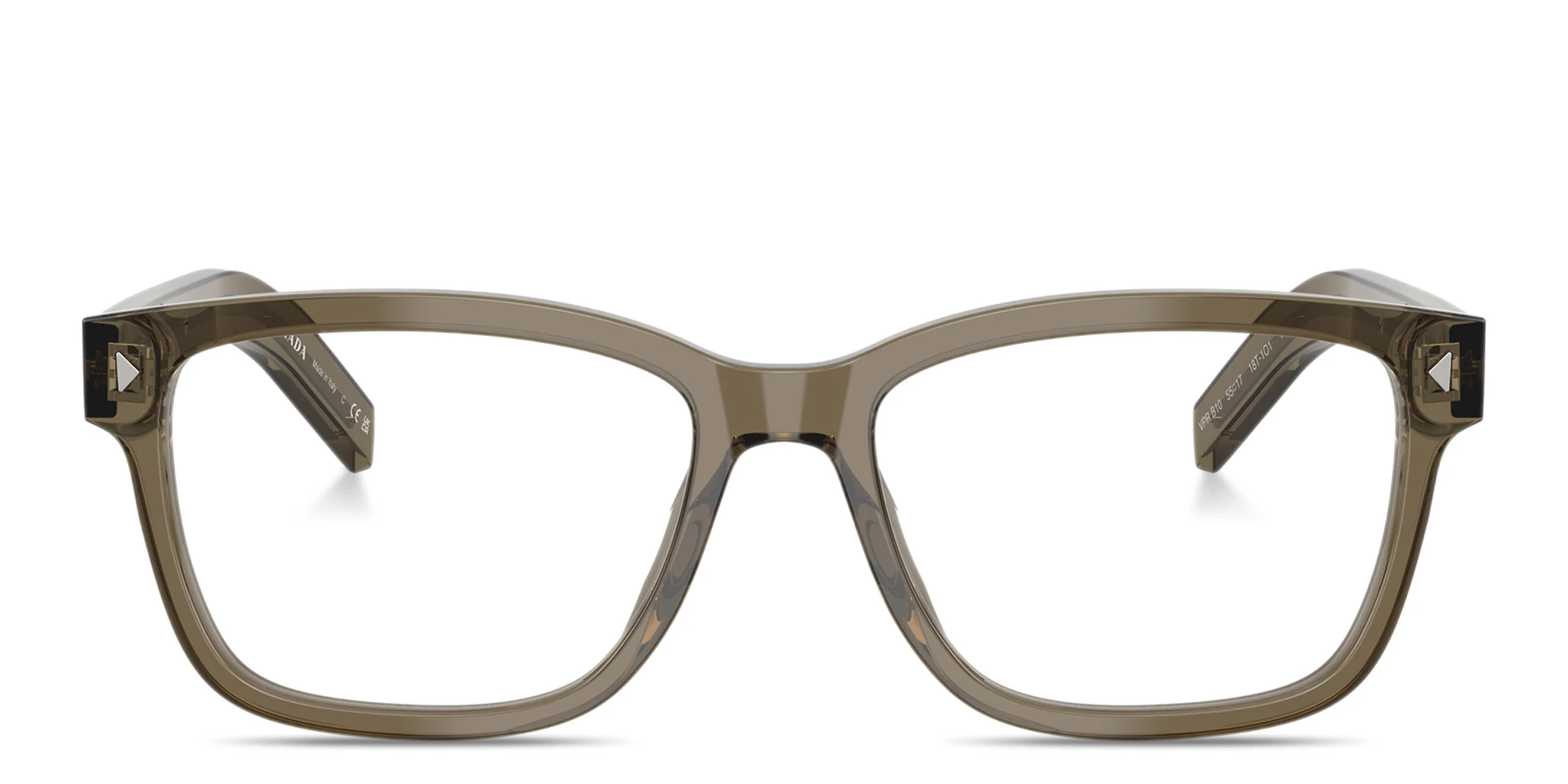 Shop PRADA Engraved Logo Wide Rectangle Eyeglasses in Transparent Brown online.