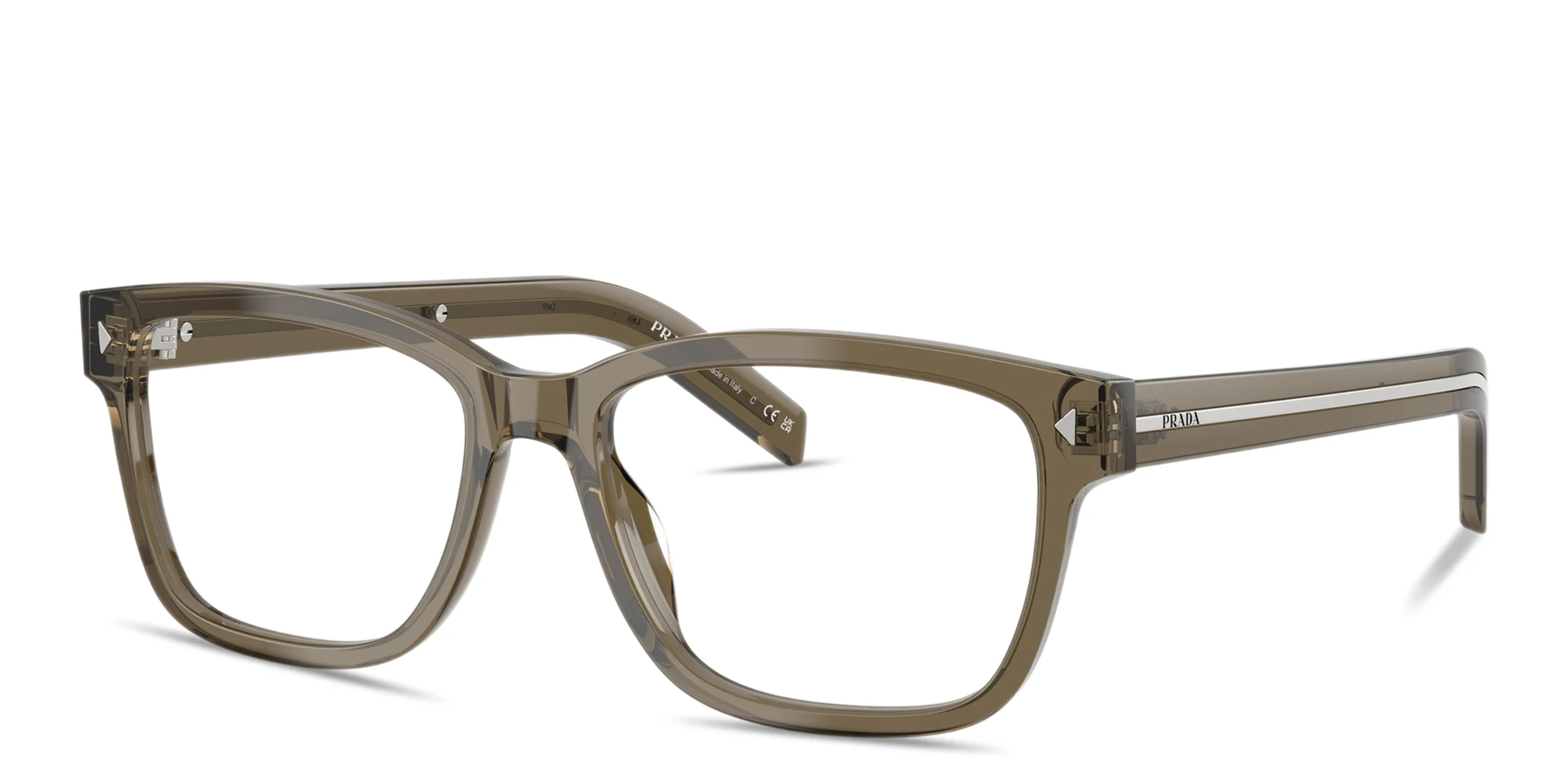 Shop PRADA Engraved Logo Wide Rectangle Eyeglasses in Transparent Brown online.
