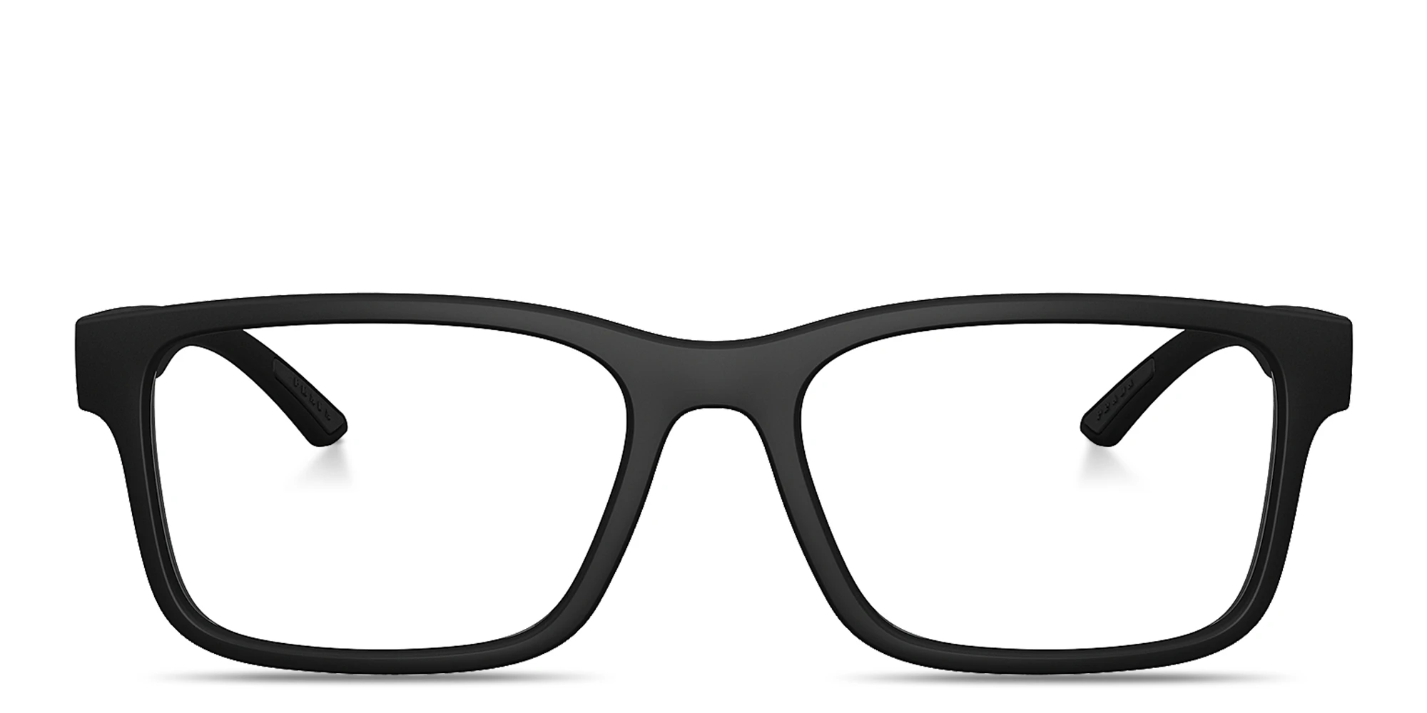 Shop Prada Linea Rossa Logo Signature Wide Rectangle Eyeglasses in Black Rubber online.