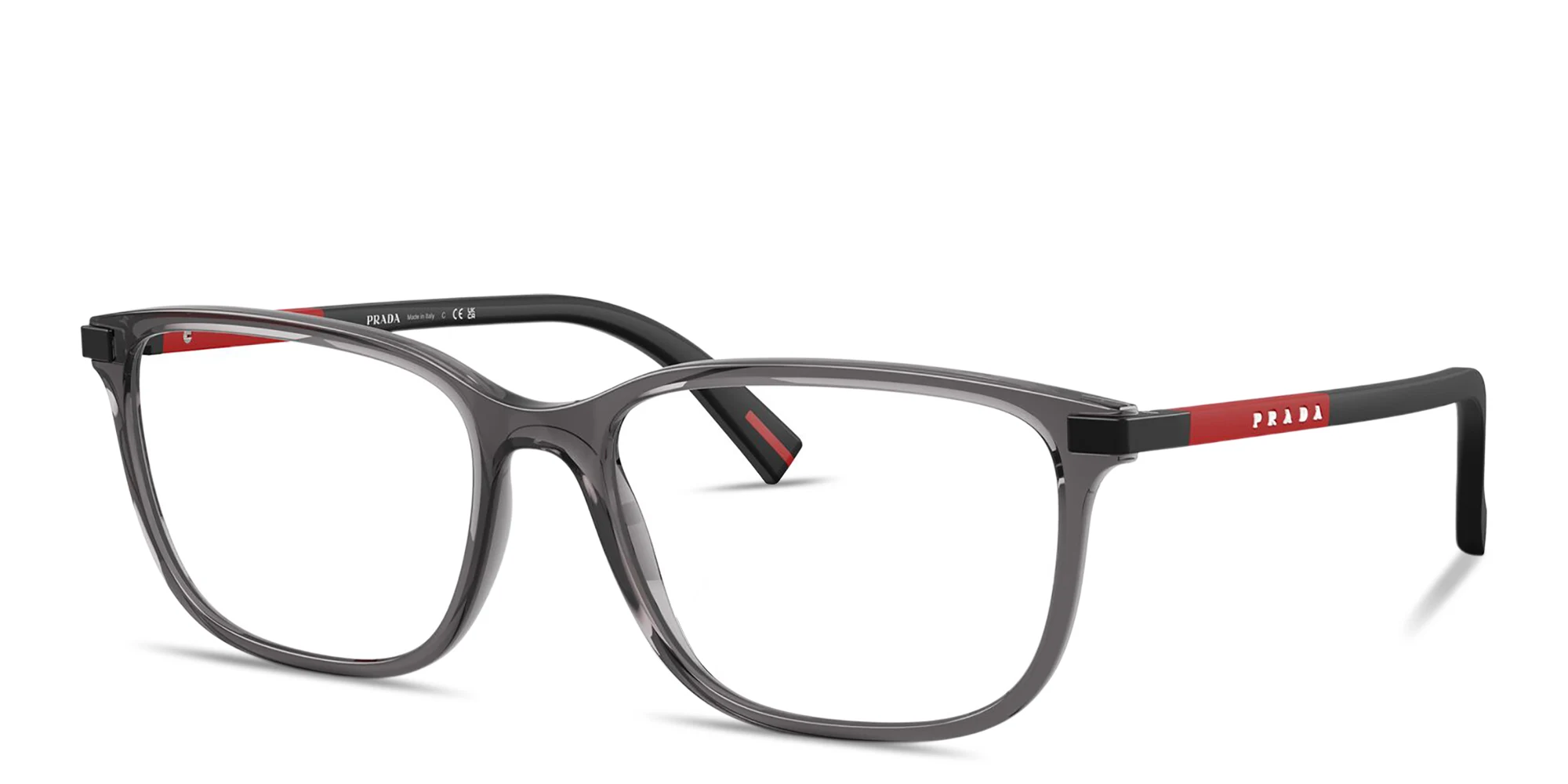 Shop Prada Linea Rossa Logo Lettering Pillow Eyeglasses in Transparent Grey online.