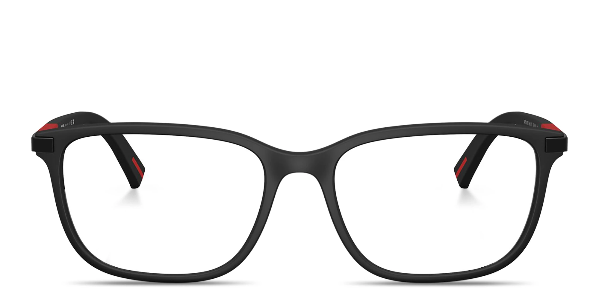 Shop Prada Linea Rossa Logo Lettering Square Eyeglasses in Black Rubber online.
