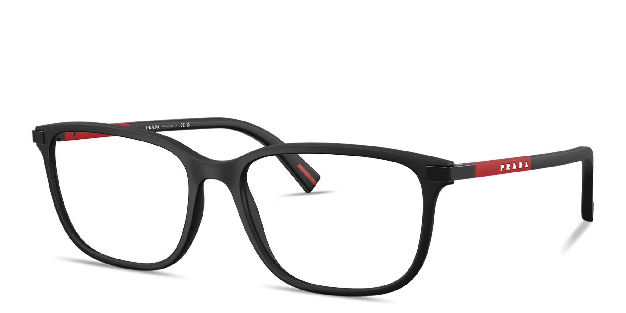 Shop Prada Linea Rossa Logo Lettering Square Eyeglasses in Black Rubber online.