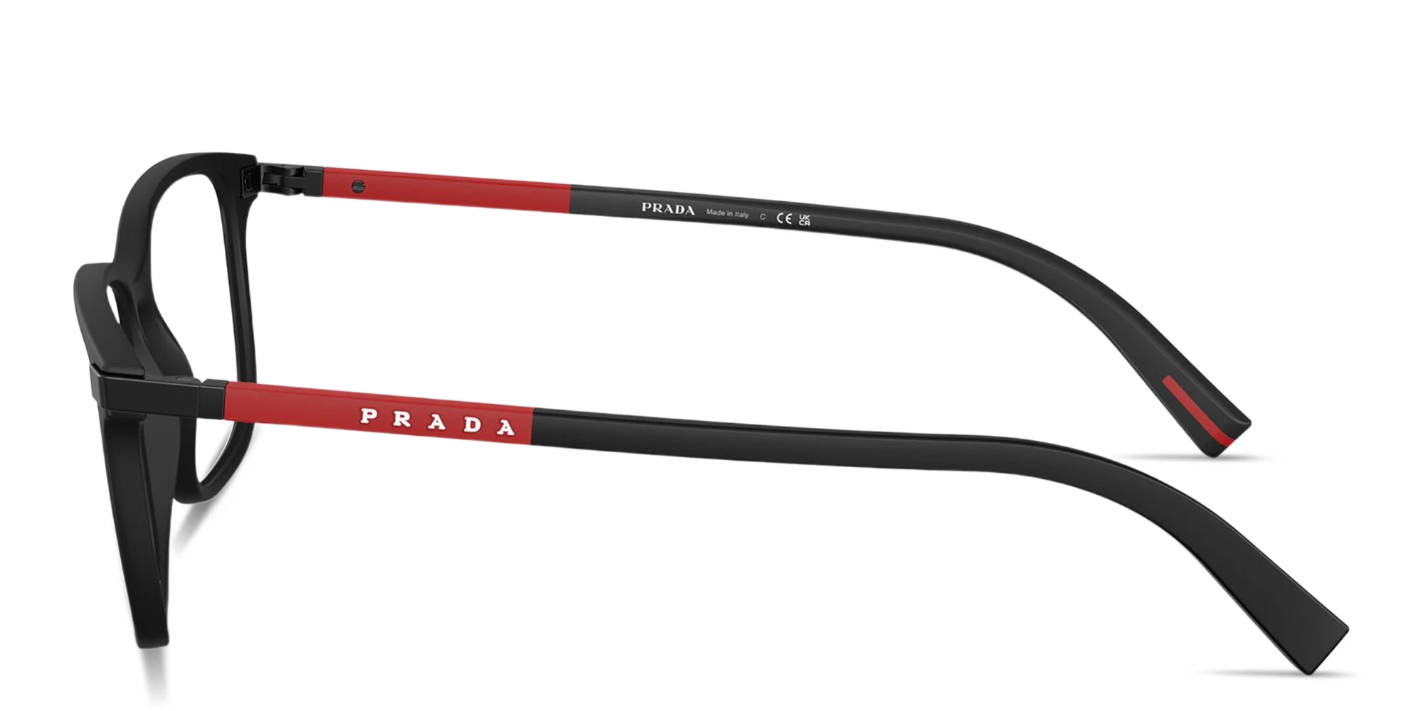 Shop Prada Linea Rossa Logo Lettering Square Eyeglasses in Black Rubber online.