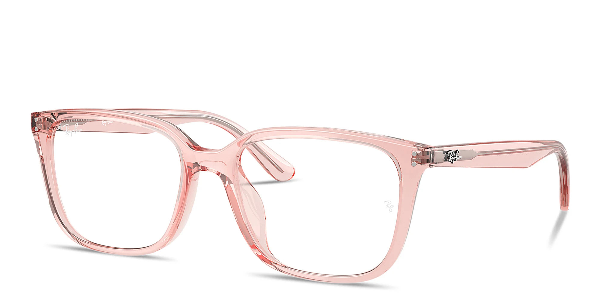 Shop Ray-Ban Embossed Logo Unisex Wide Square Eyeglasses in Transparent Light Pink online.