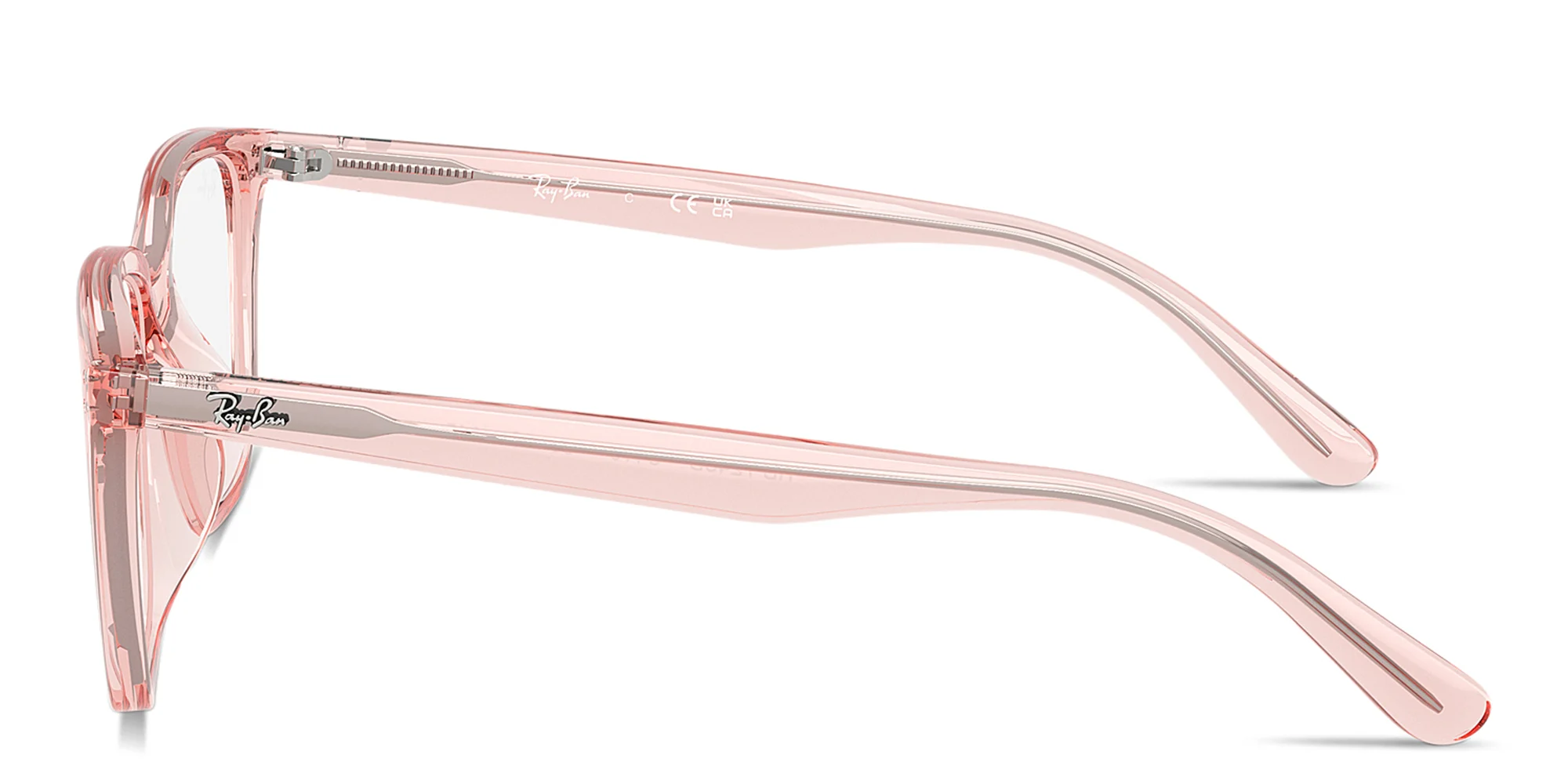 Shop Ray-Ban Embossed Logo Unisex Wide Square Eyeglasses in Transparent Light Pink online.