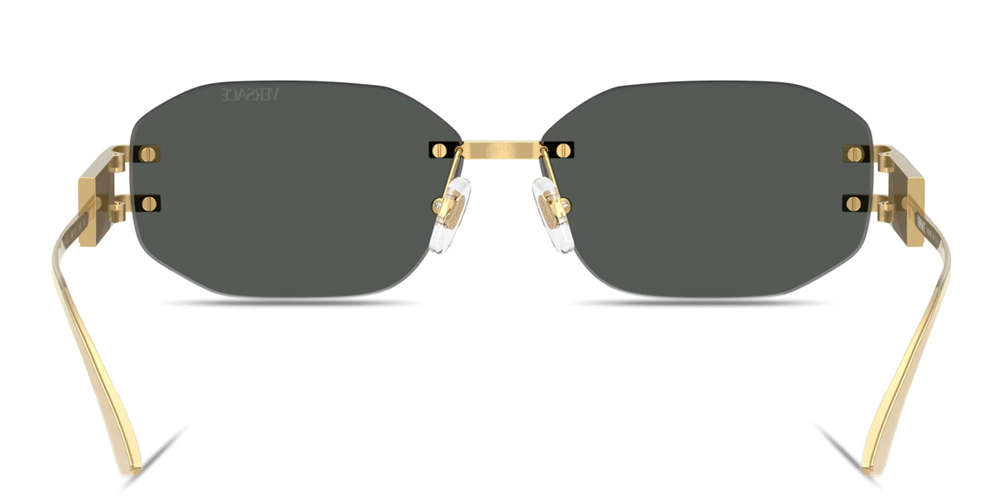 Shop VERSACE Damier Plaque Rimless Irregular Sunglasses in Gold online.