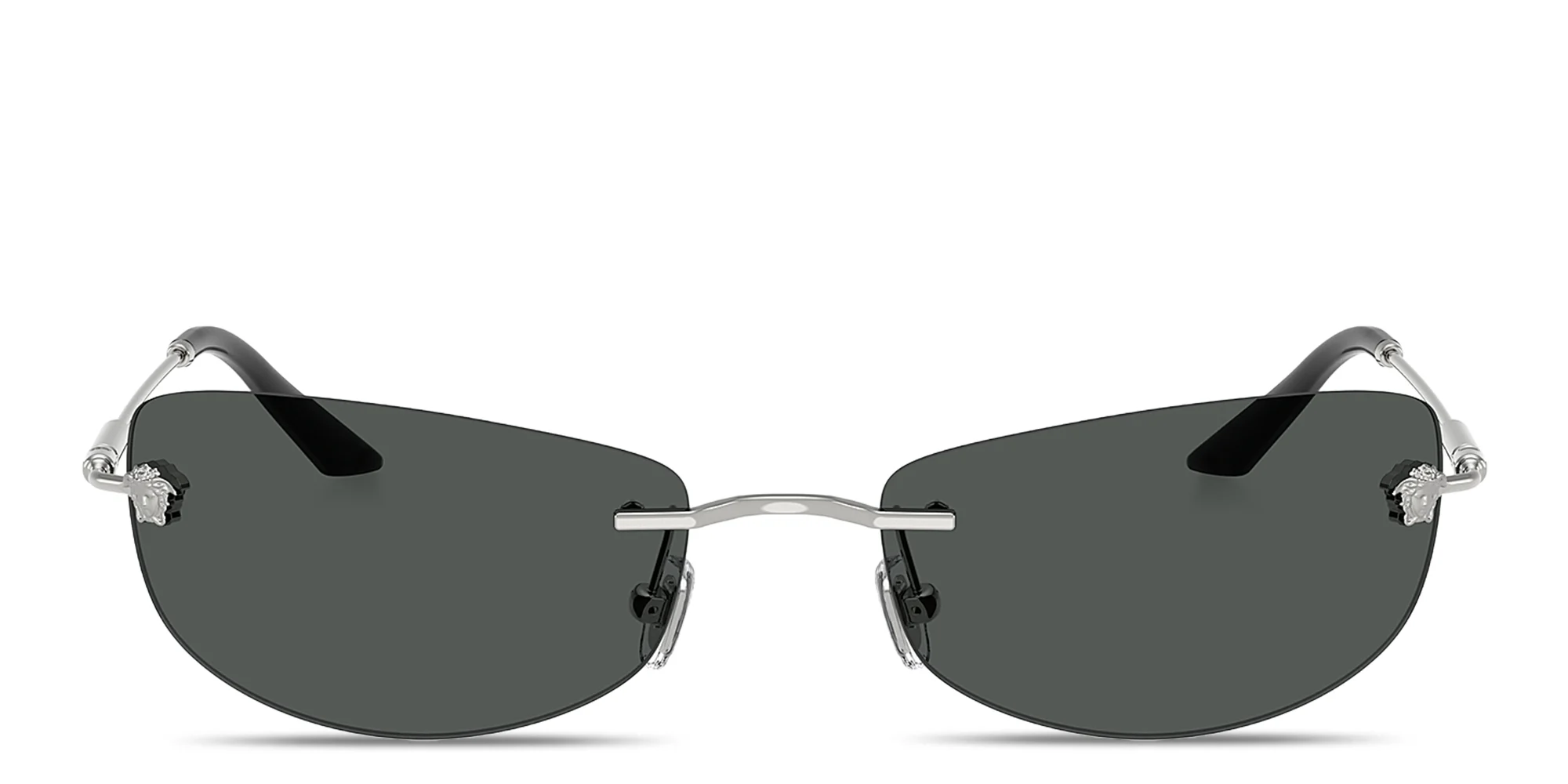 Shop VERSACE Runway Rimless Rectangle Sunglasses in Silver online.