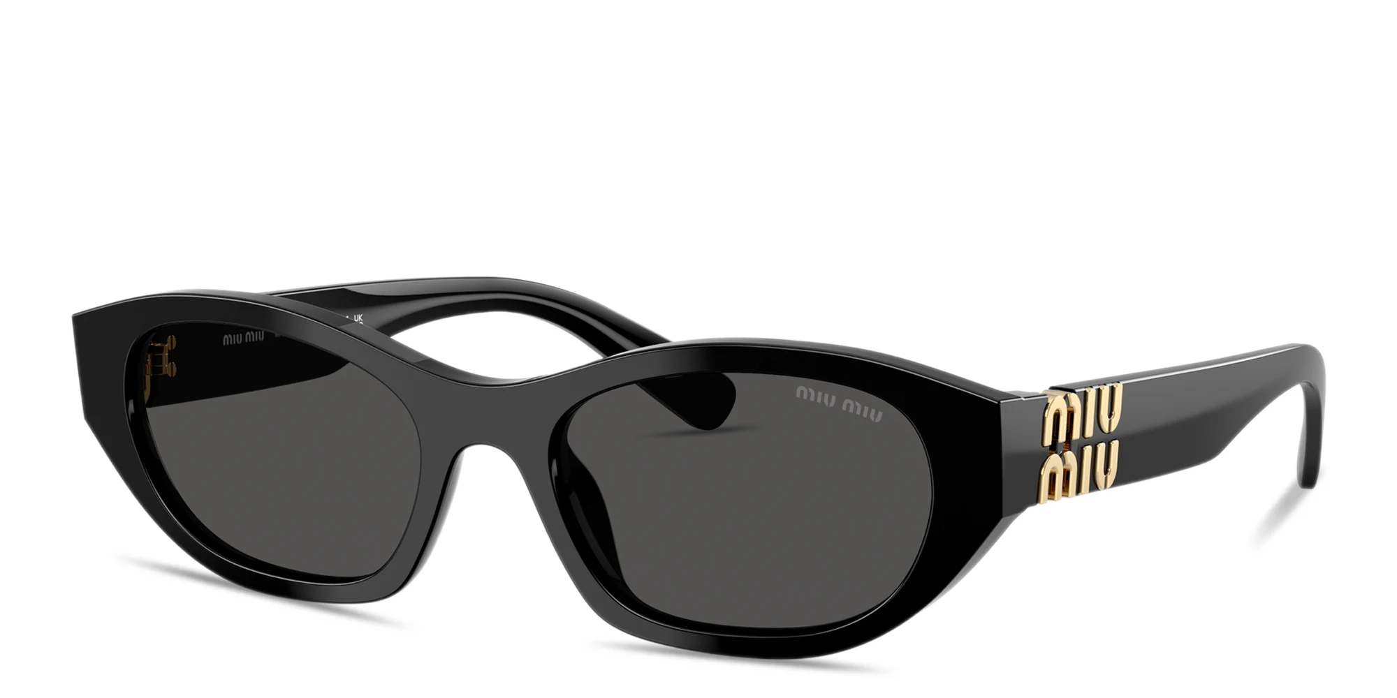 Shop MIU MIU Vertical Logo Irregular Sunglasses in Black online.
