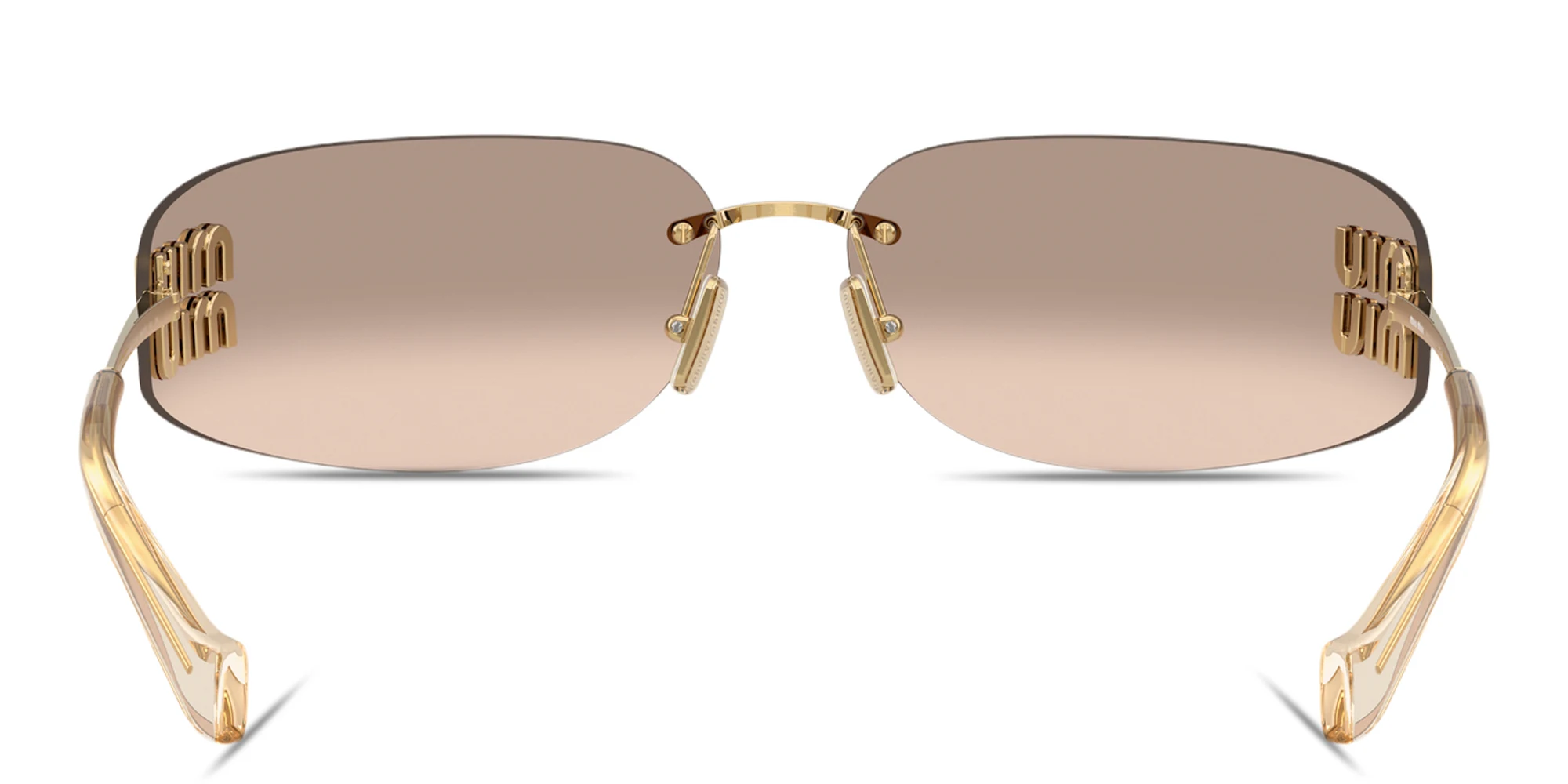 Shop MIU MIU Vertical Logo Rimless Wide Mask Sunglasses in Gold online.