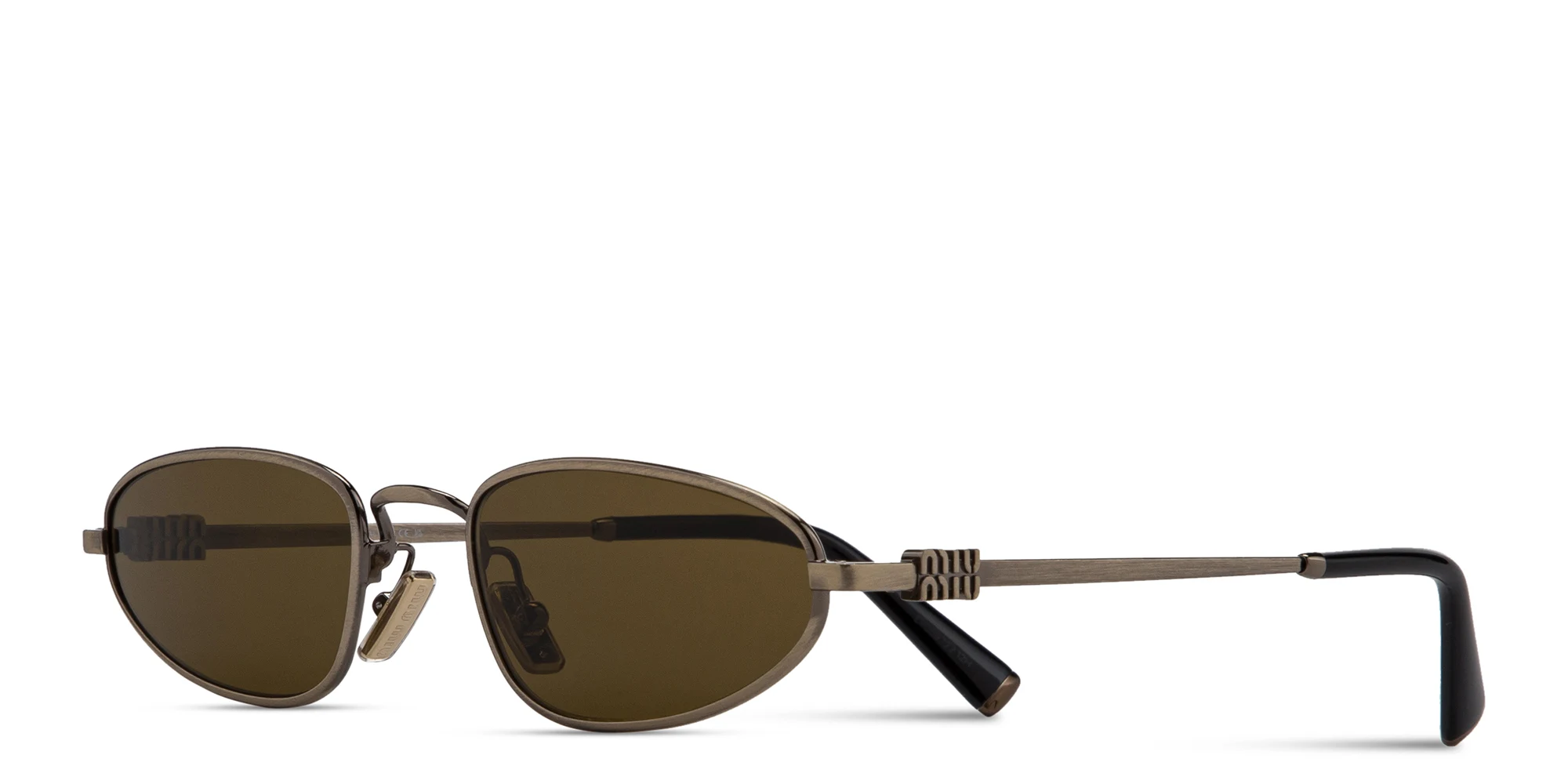 Shop MIU MIU Vertical Logo Irregular Sunglasses in Antique Gold online.