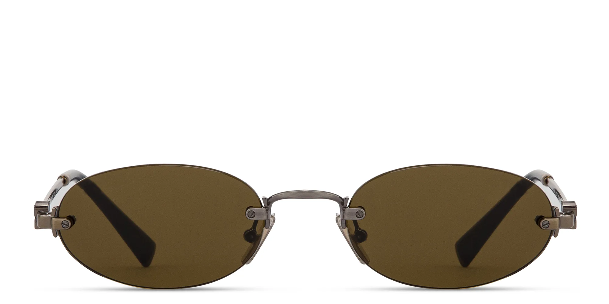 Shop MIU MIU Vertical Logo Rimless Oval Sunglasses in Gold online.