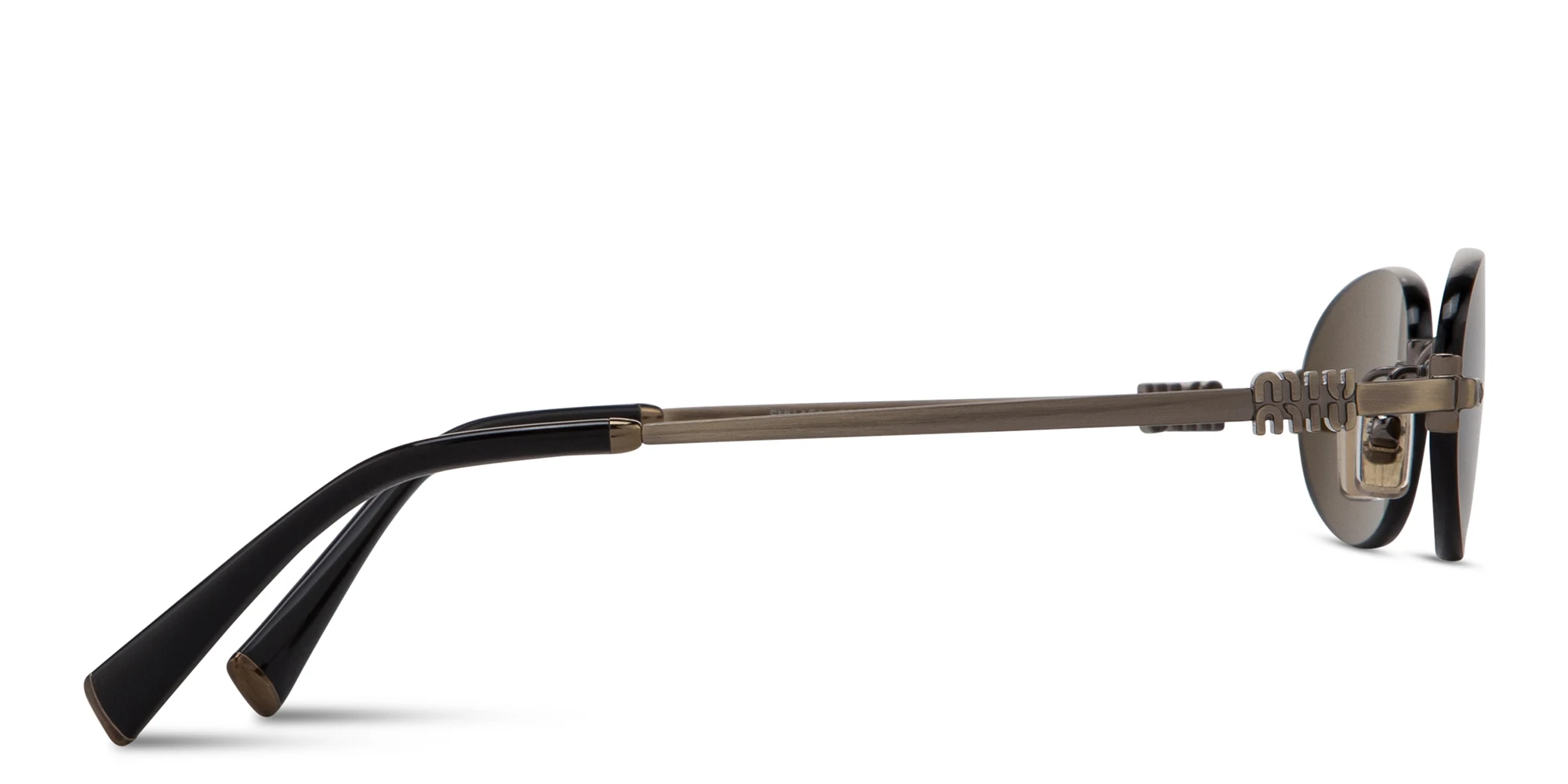 Shop MIU MIU Vertical Logo Rimless Oval Sunglasses in Gold online.