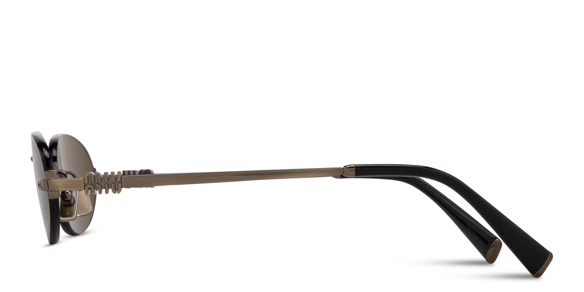Shop MIU MIU Vertical Logo Rimless Oval Sunglasses in Gold online.