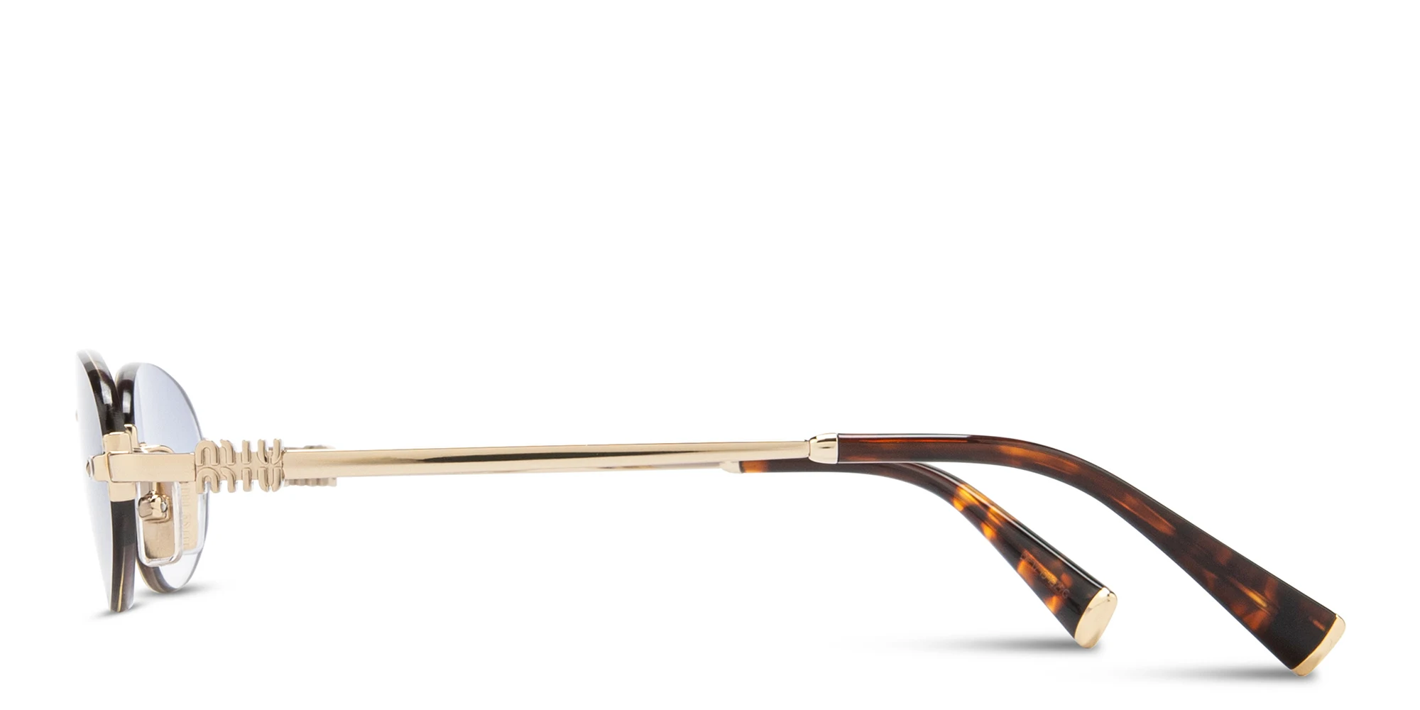 Shop MIU MIU Vertical Logo Rimless Oval Sunglasses in Gold online.