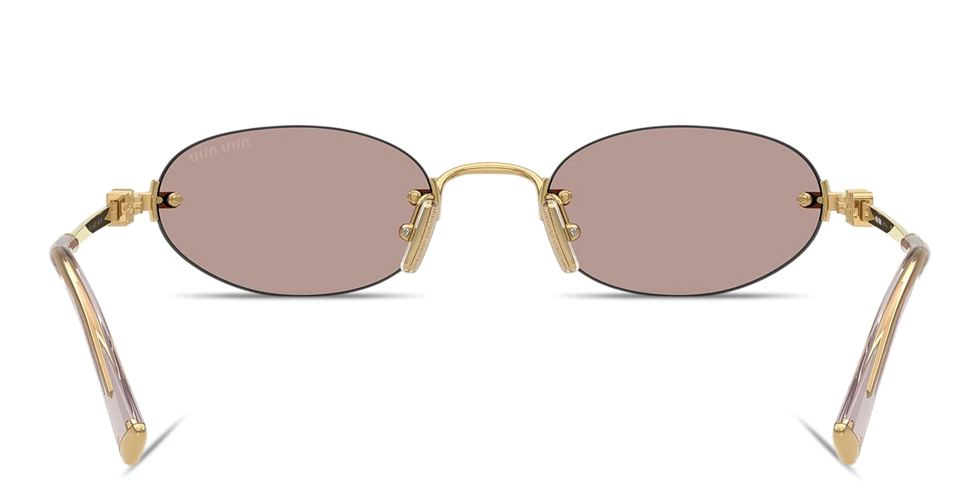 Shop MIU MIU Vertical Logo Rimless Oval Sunglasses in Gold online.