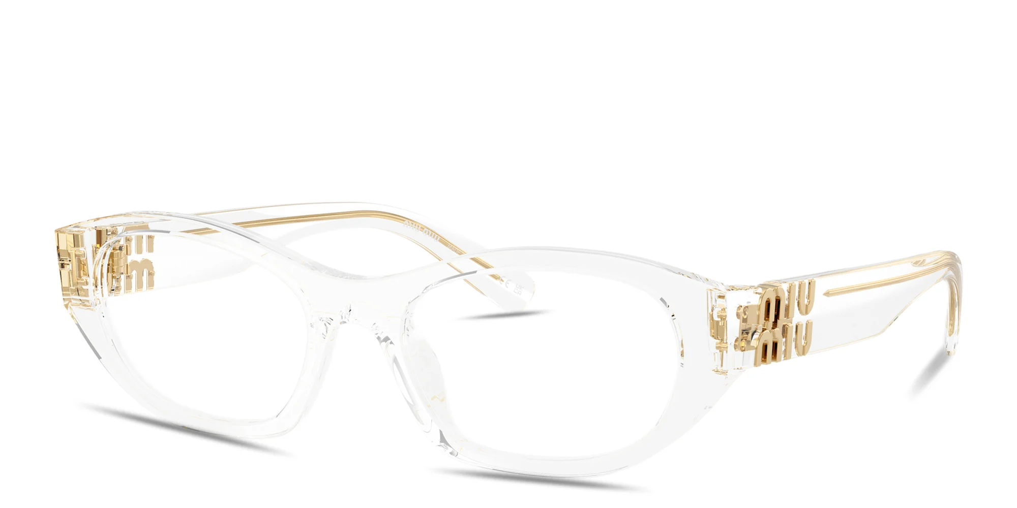 Shop MIU MIU Vertical Logo Irregular Eyeglasses in Trasparent online.